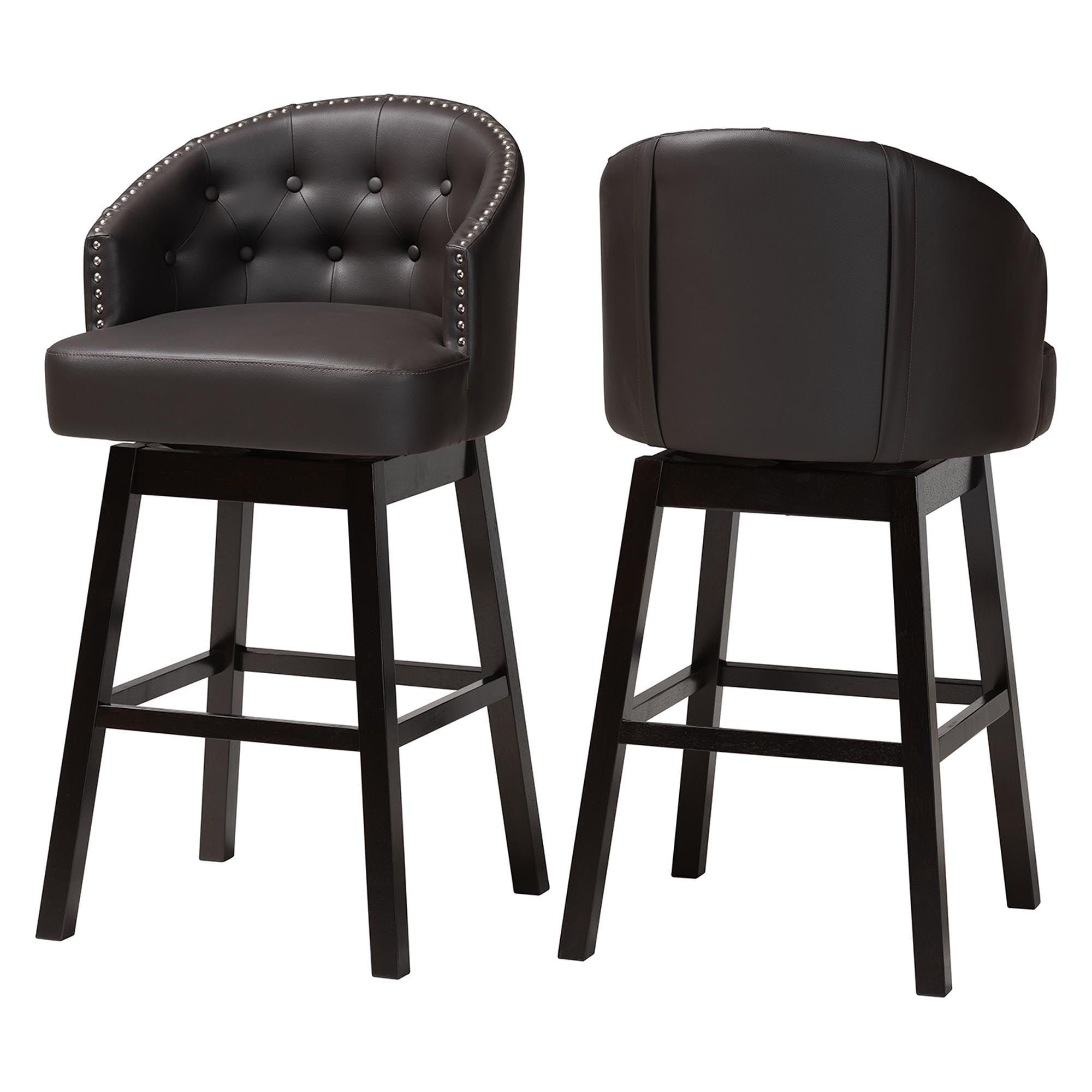 Baxton Studio Avril Modern and Contemporary Brown Faux Leather Tufted Swivel Barstool with Nail heads Trim