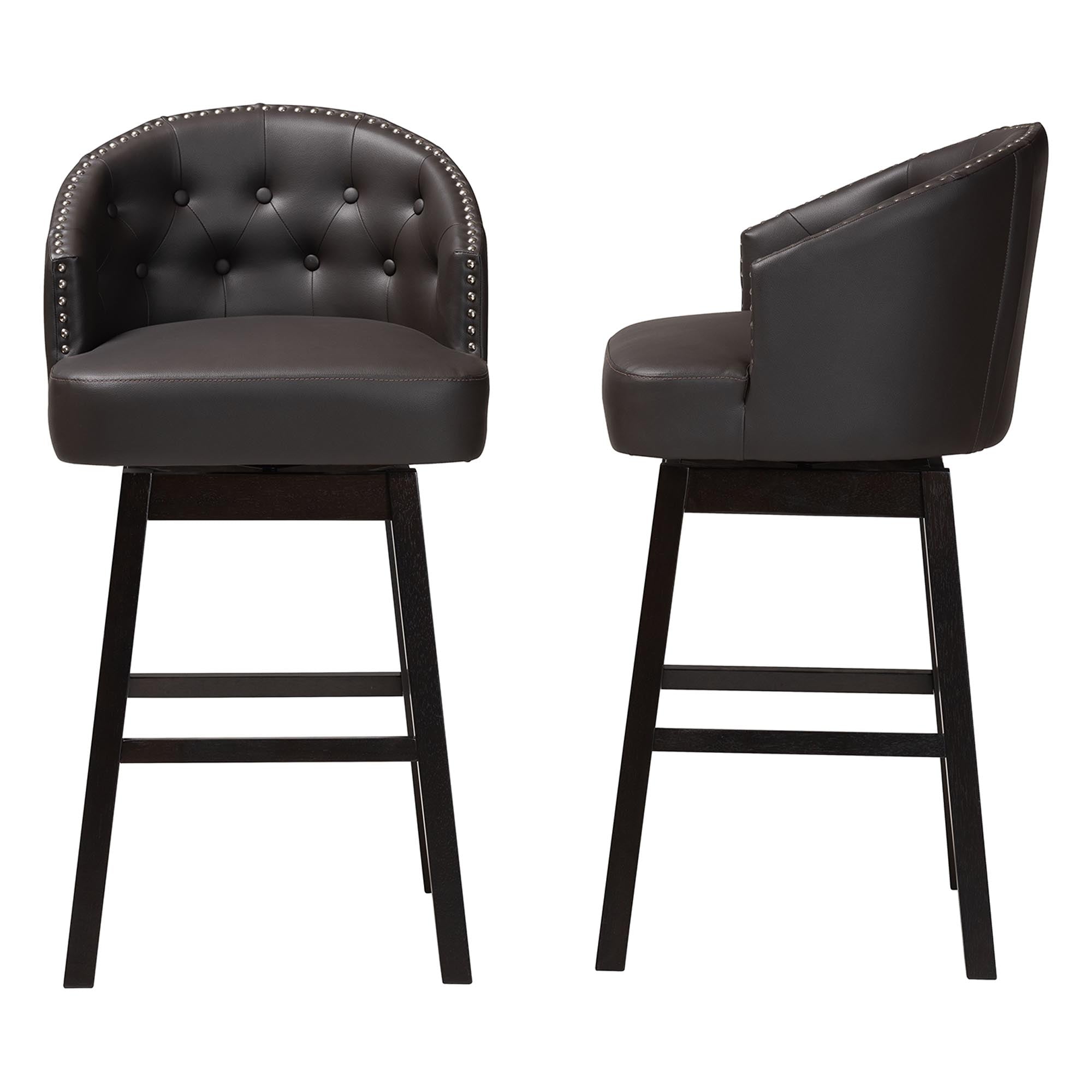 Baxton Studio Avril Modern and Contemporary Brown Faux Leather Tufted Swivel Barstool with Nail heads Trim