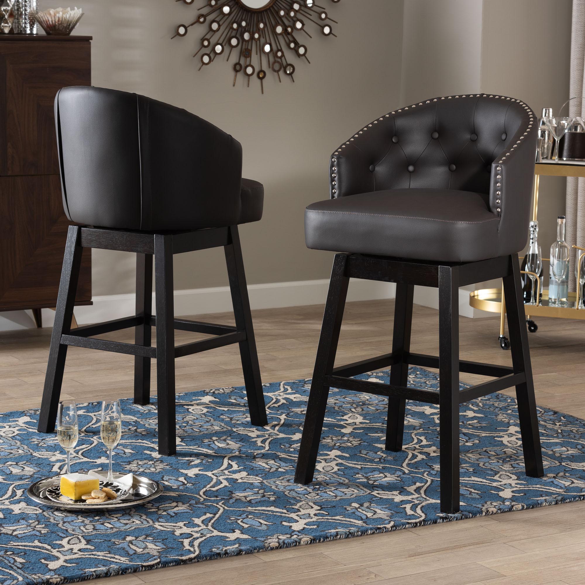 Baxton Studio Avril Modern and Contemporary Brown Faux Leather Tufted Swivel Barstool with Nail heads Trim