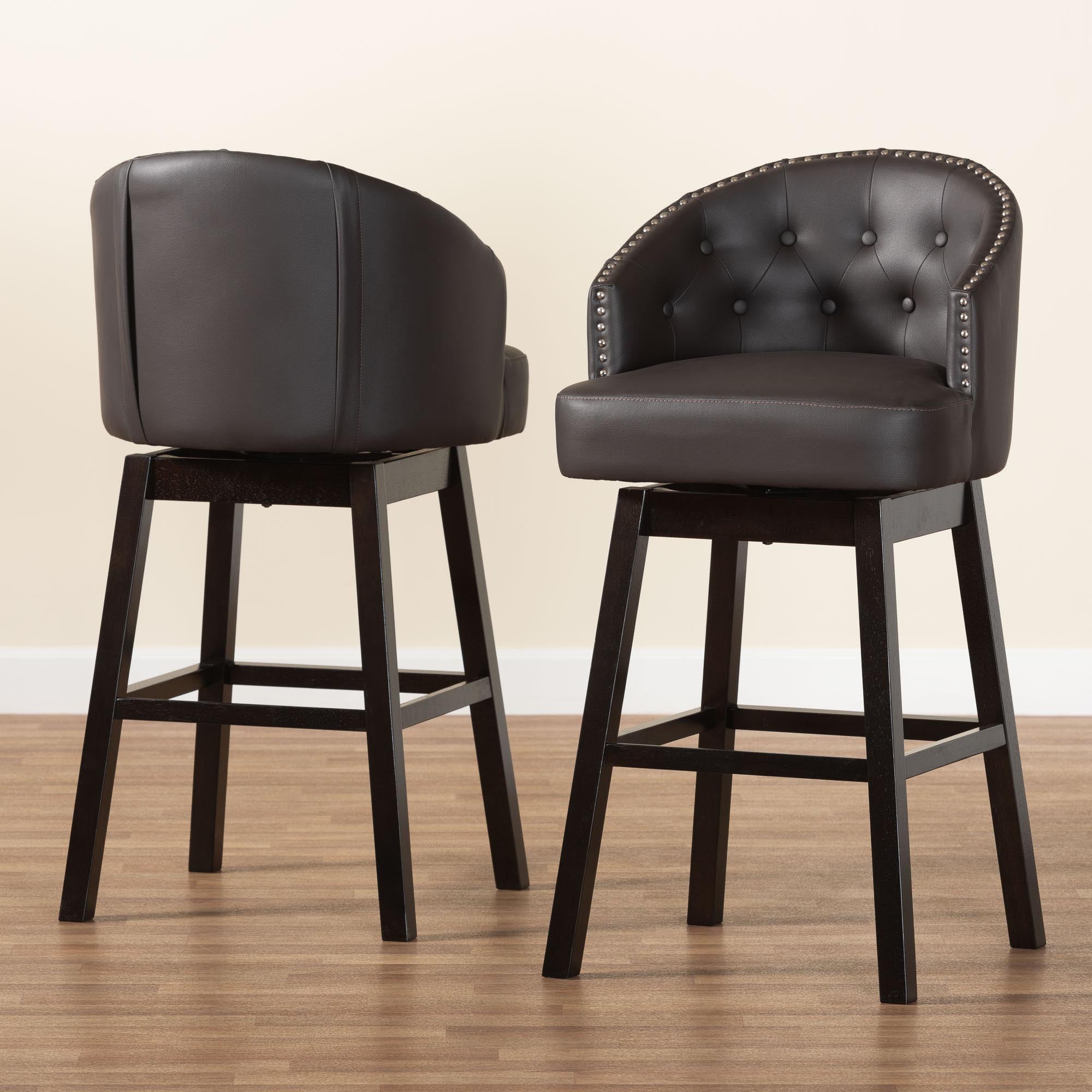 Baxton Studio Avril Modern and Contemporary Brown Faux Leather Tufted Swivel Barstool with Nail heads Trim