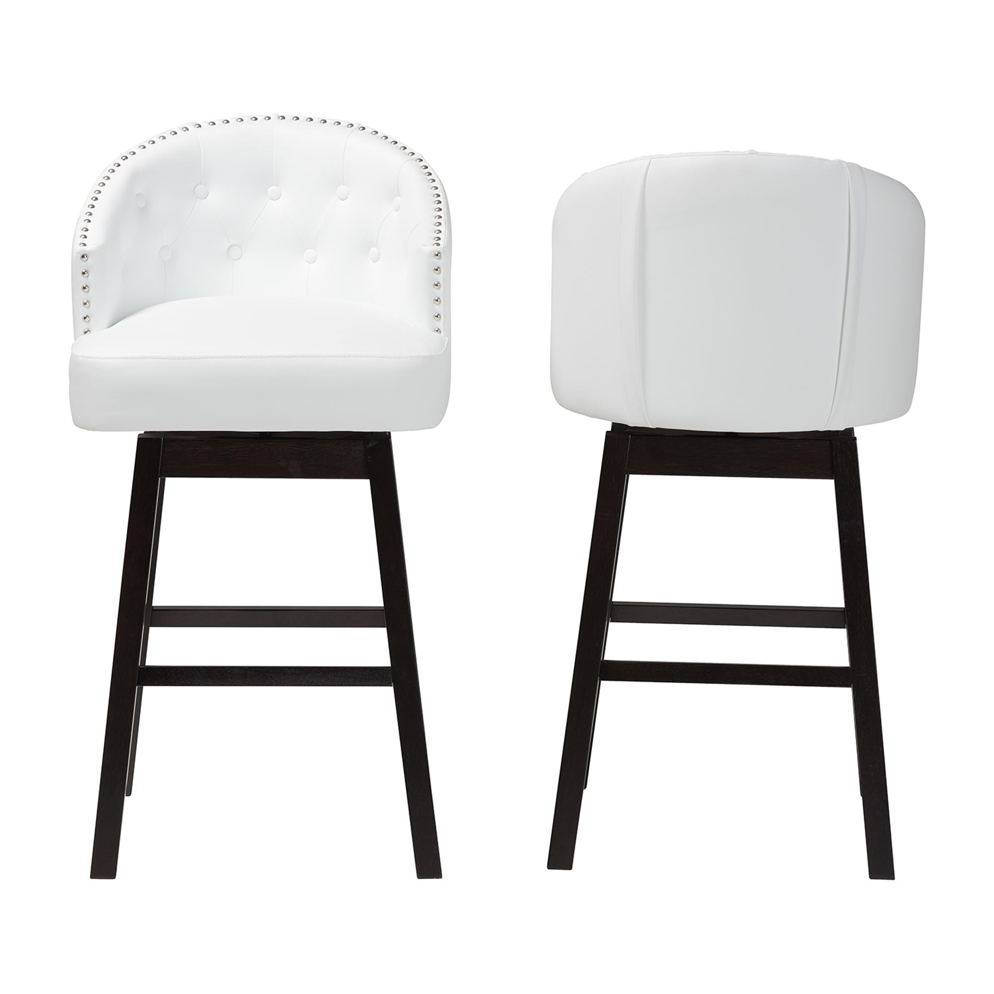 Baxton Studio Avril Modern and Contemporary White Faux Leather Tufted 2-Piece Swivel Barstool Set with Nail heads Trim