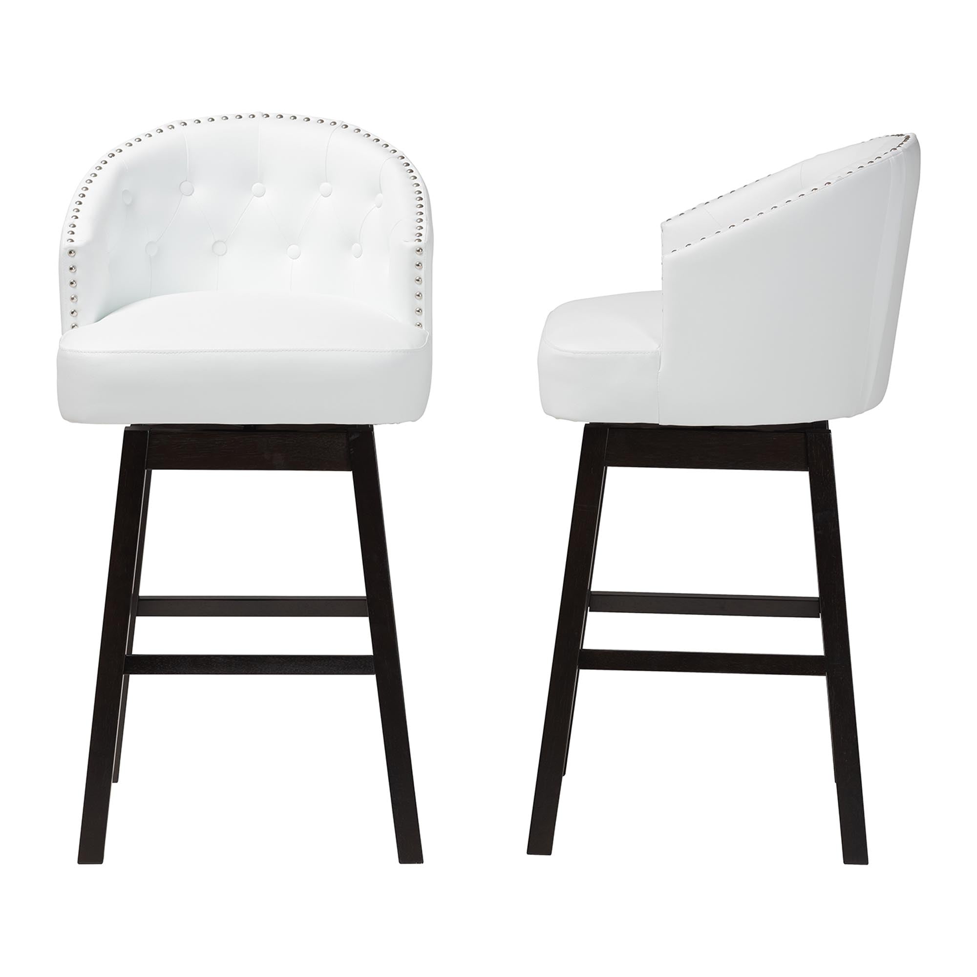 Baxton Studio Avril Modern and Contemporary White Faux Leather Tufted 2-Piece Swivel Barstool Set with Nail heads Trim