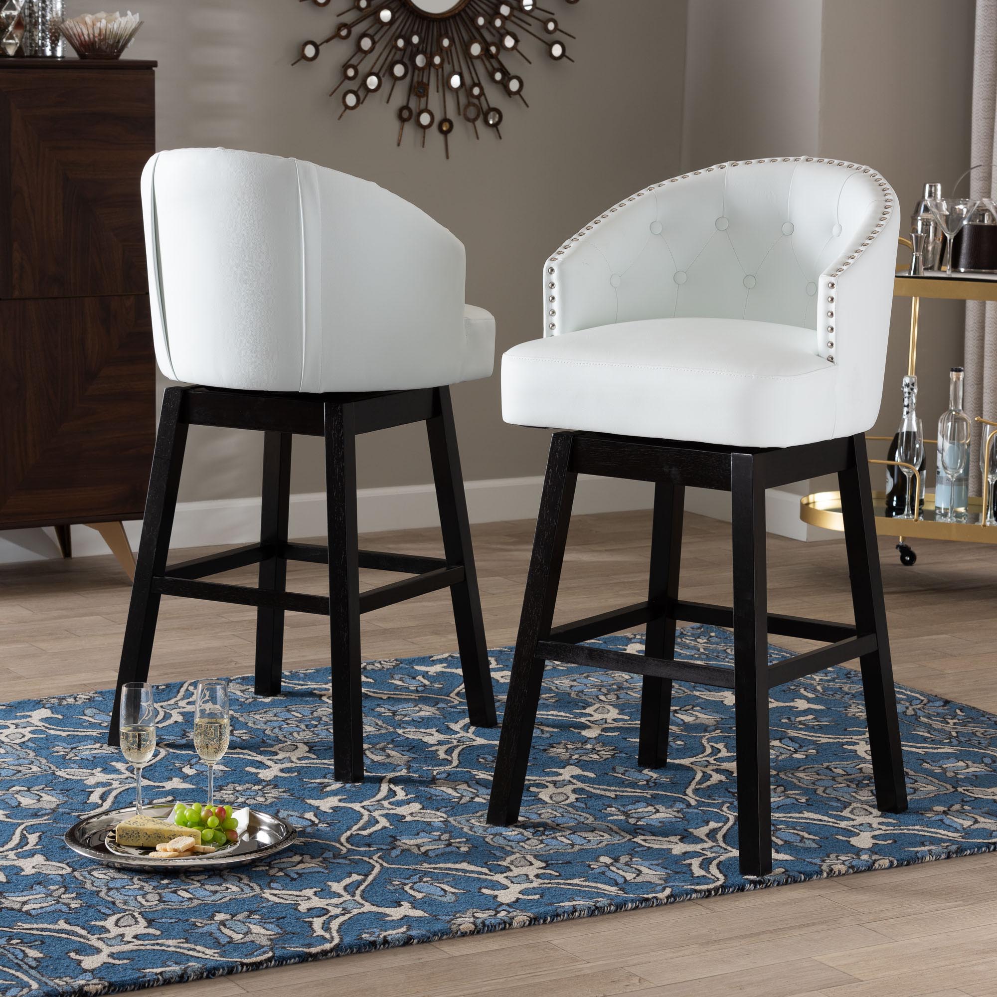 Baxton Studio Avril Modern and Contemporary White Faux Leather Tufted 2-Piece Swivel Barstool Set with Nail heads Trim