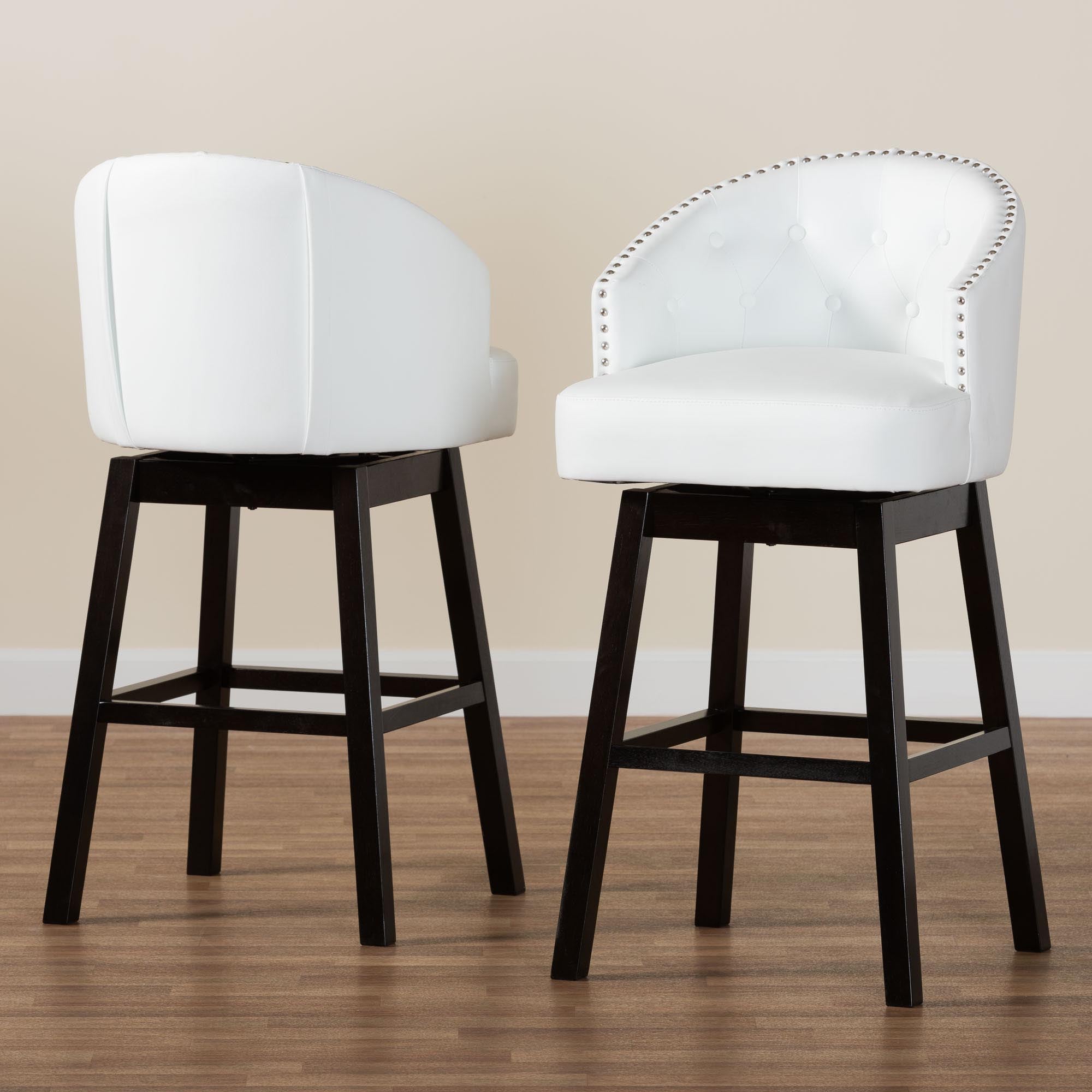 Baxton Studio Avril Modern and Contemporary White Faux Leather Tufted 2-Piece Swivel Barstool Set with Nail heads Trim