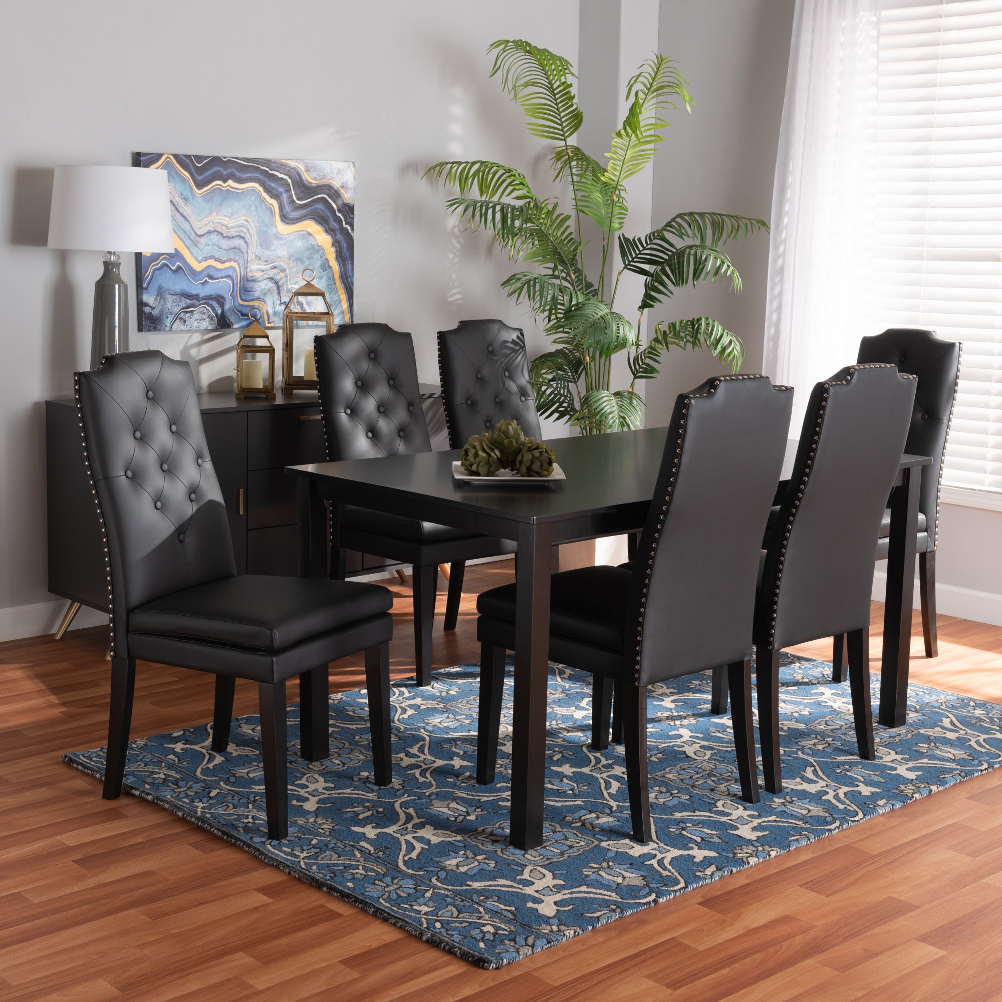 Baxton Studio Dylin Modern and Contemporary Black Faux Leather Upholstered and Dark Brown Finished Wood 7-Piece Dining Set