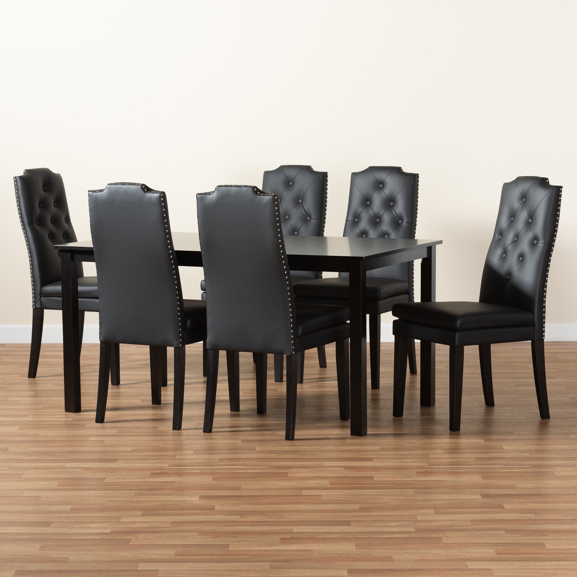 Baxton Studio Dylin Modern and Contemporary Black Faux Leather Upholstered and Dark Brown Finished Wood 7-Piece Dining Set