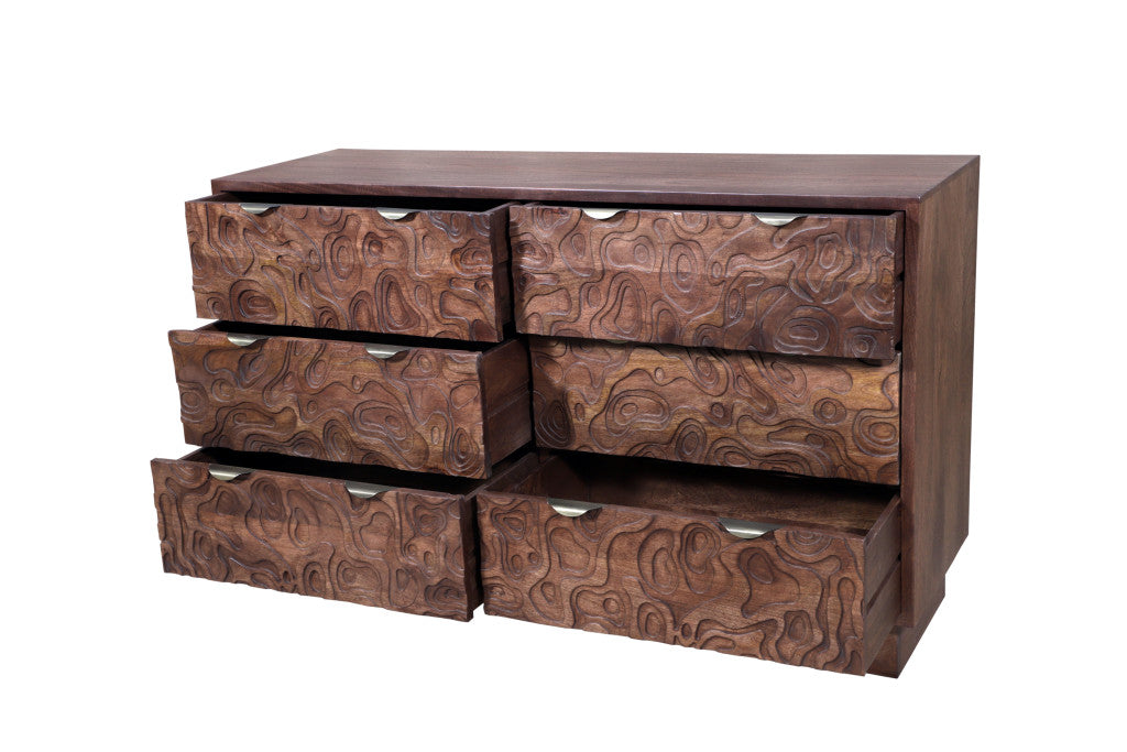 57" Brown Carved Abstract Solid Wood Six Drawer Dresser