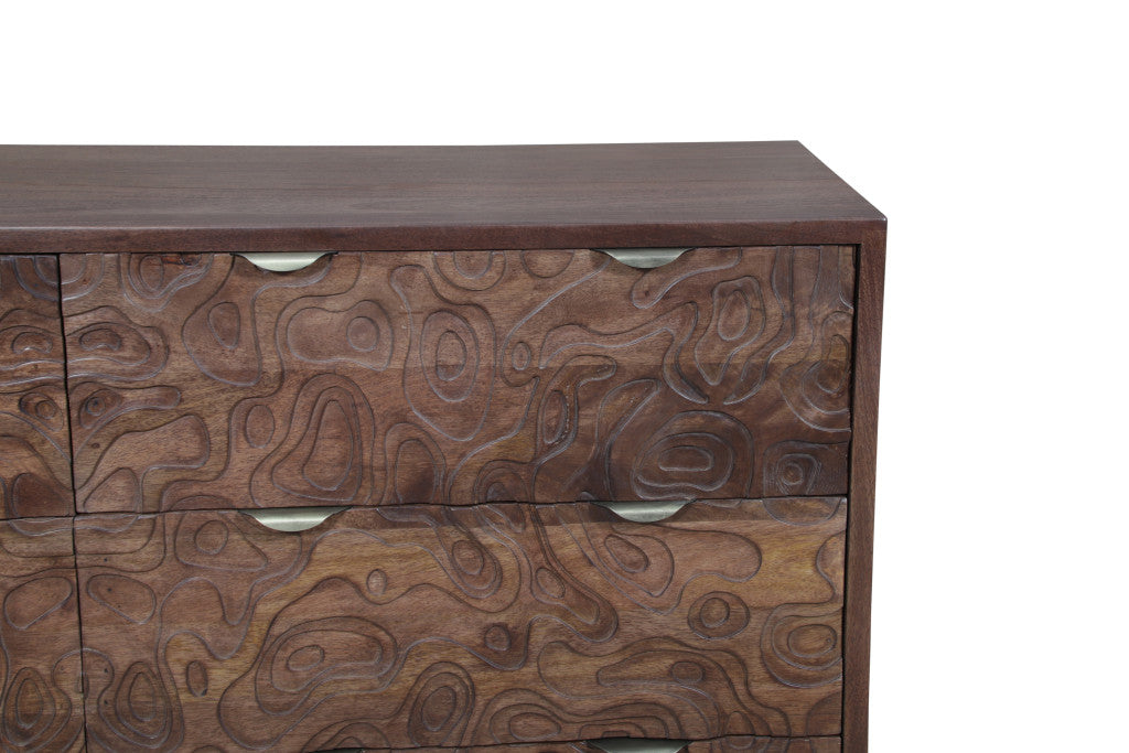 57" Brown Carved Abstract Solid Wood Six Drawer Dresser