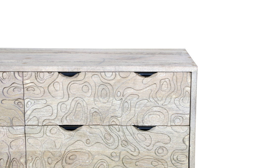 57" Gray Carved Geometric Solid Wood Six Drawer Dresser