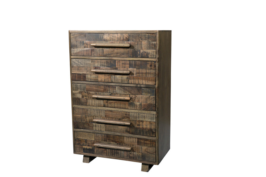 35" Brown Carved Geometric Solid Wood Five Drawer Dresser