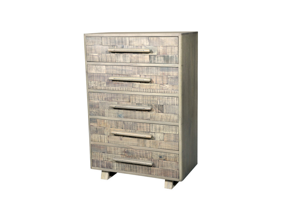35" Gray Carved Geometric Solid Wood Five Drawer Dresser