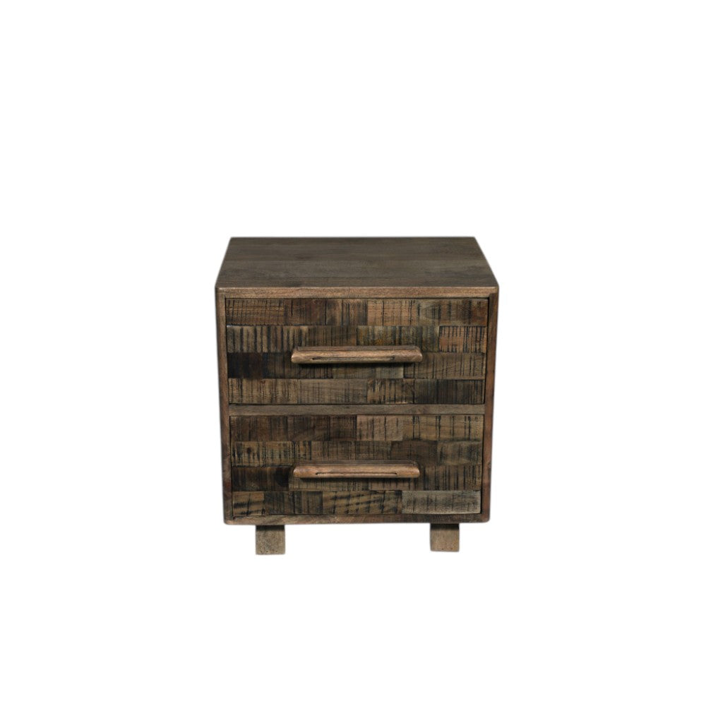 26" Brown Solid Wood Carved Geometric Two Drawer Nightstand