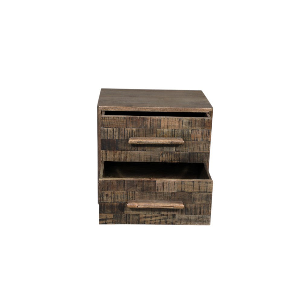 26" Brown Solid Wood Carved Geometric Two Drawer Nightstand