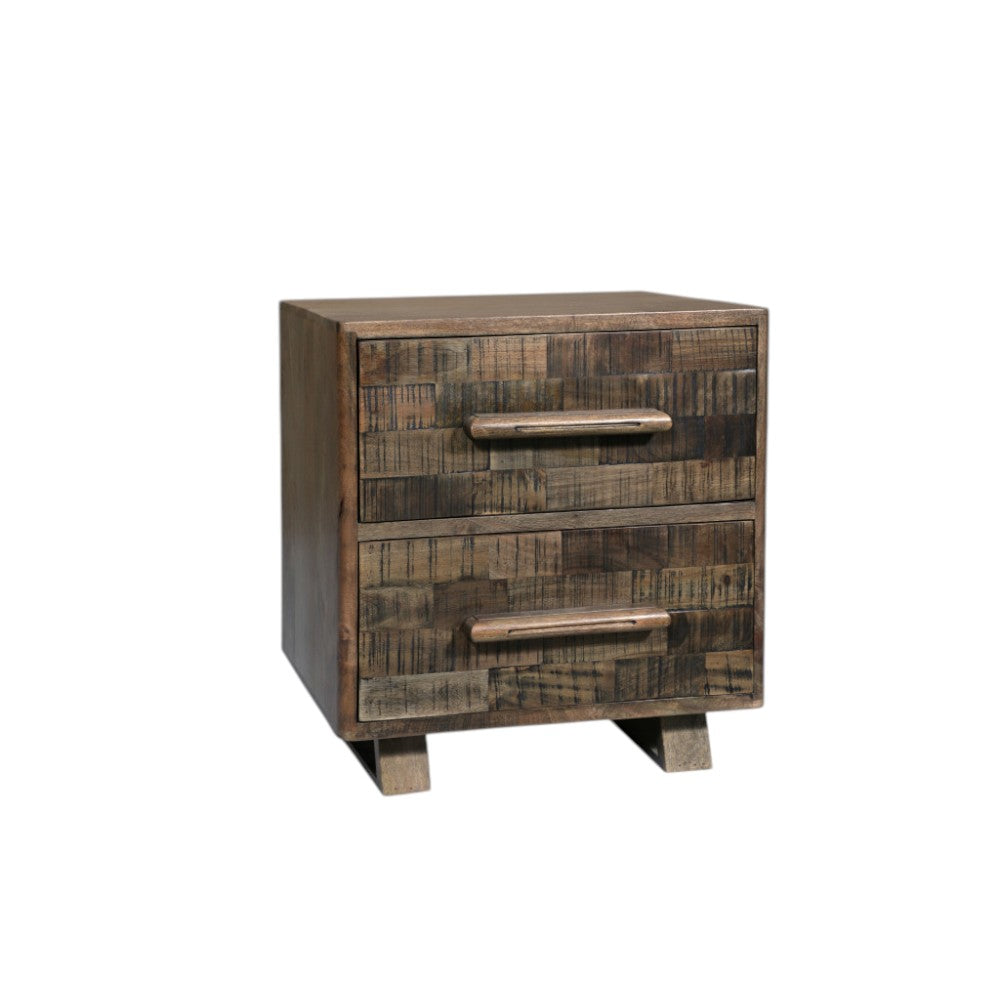 26" Brown Solid Wood Carved Geometric Two Drawer Nightstand