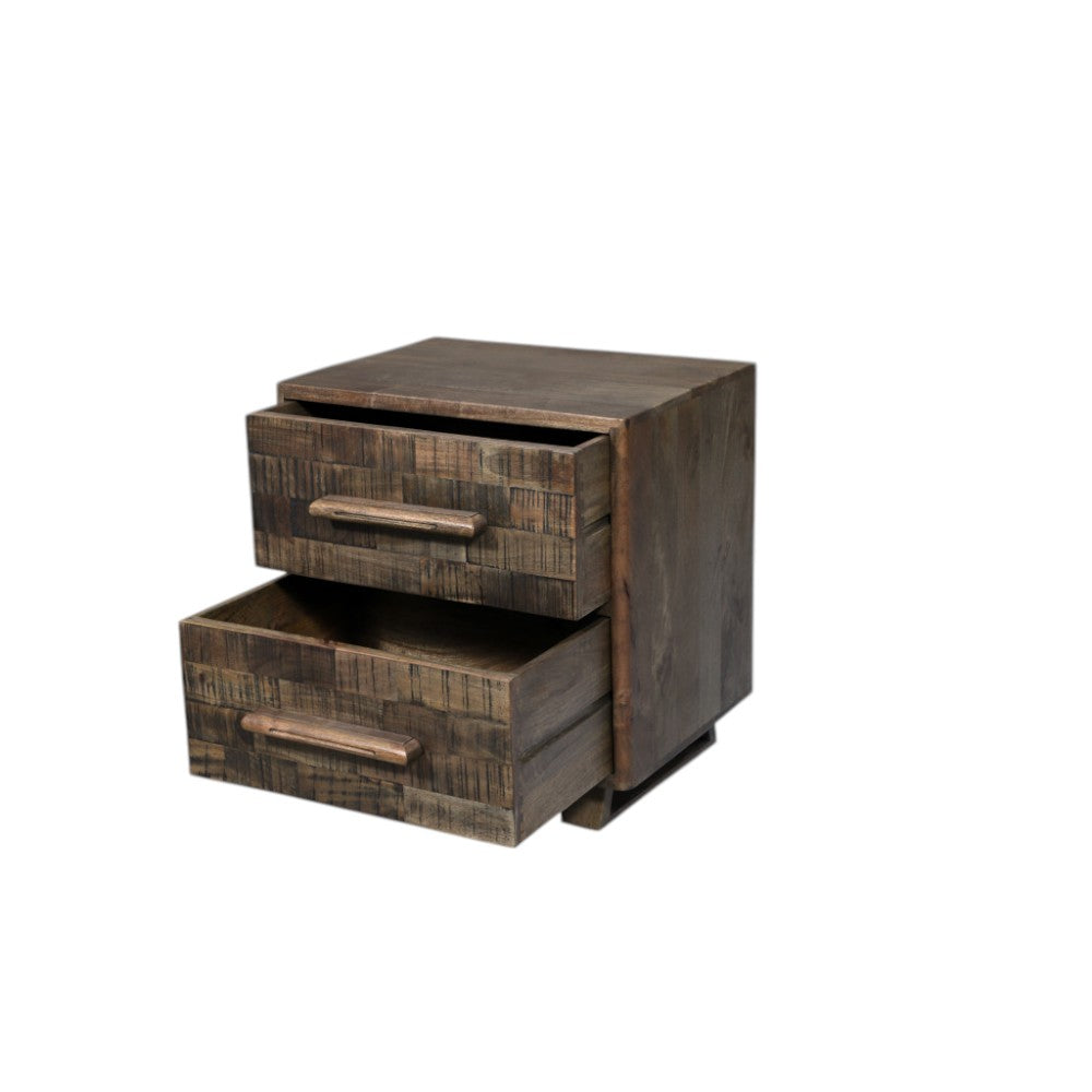 26" Brown Solid Wood Carved Geometric Two Drawer Nightstand