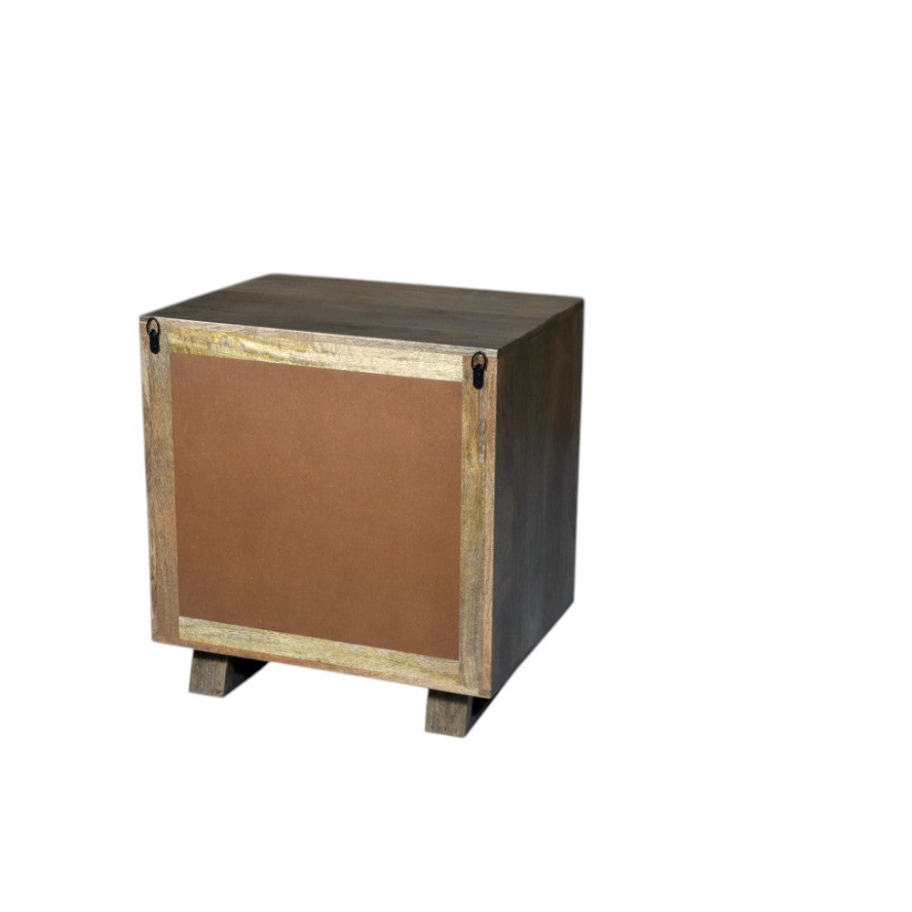26" Brown Solid Wood Carved Geometric Two Drawer Nightstand