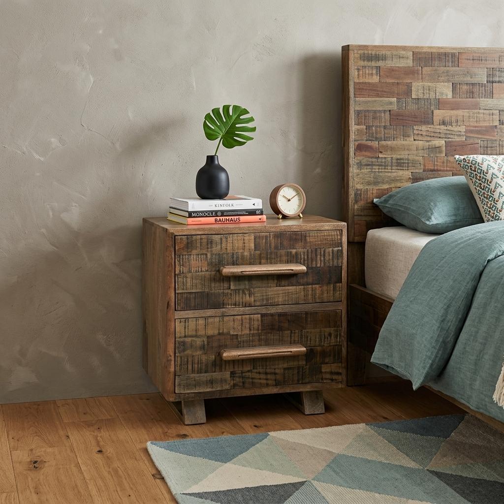 26" Brown Solid Wood Carved Geometric Two Drawer Nightstand