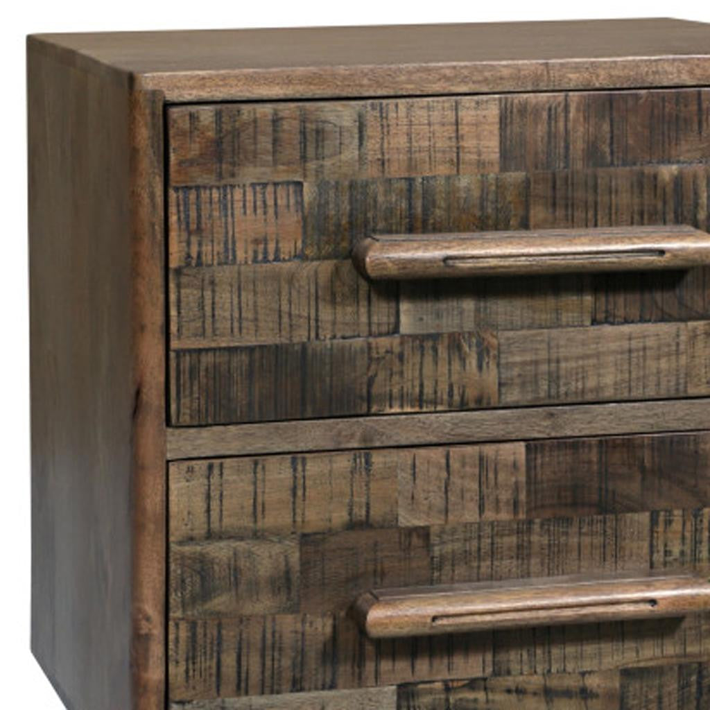 26" Brown Solid Wood Carved Geometric Two Drawer Nightstand