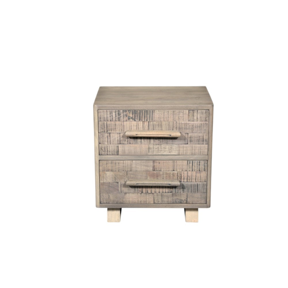 26" Gray Solid Wood Carved Geometric Two Drawer Nightstand