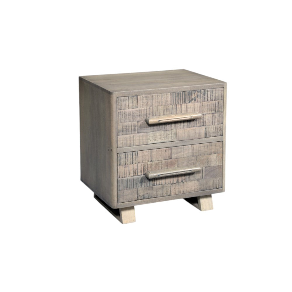 26" Gray Solid Wood Carved Geometric Two Drawer Nightstand