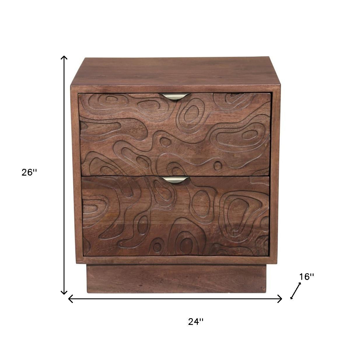 26" Brown Solid Wood Carved Abstract Two Drawer Nightstand
