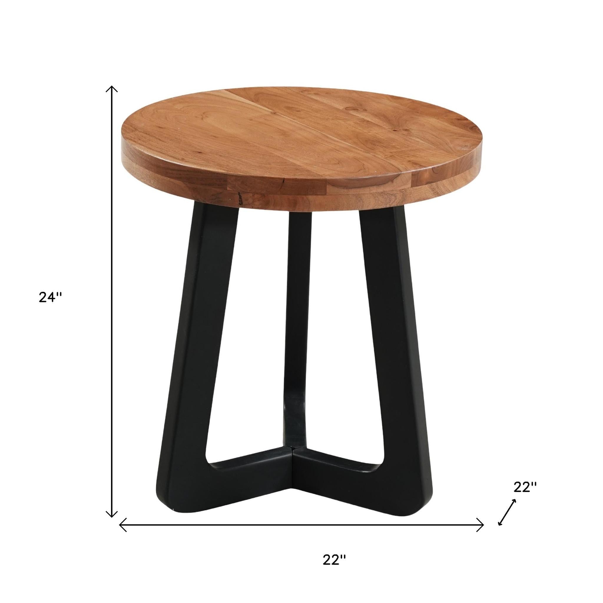 24" Brown and Black Solid Wood And Iron Round Cross Legs End Table
