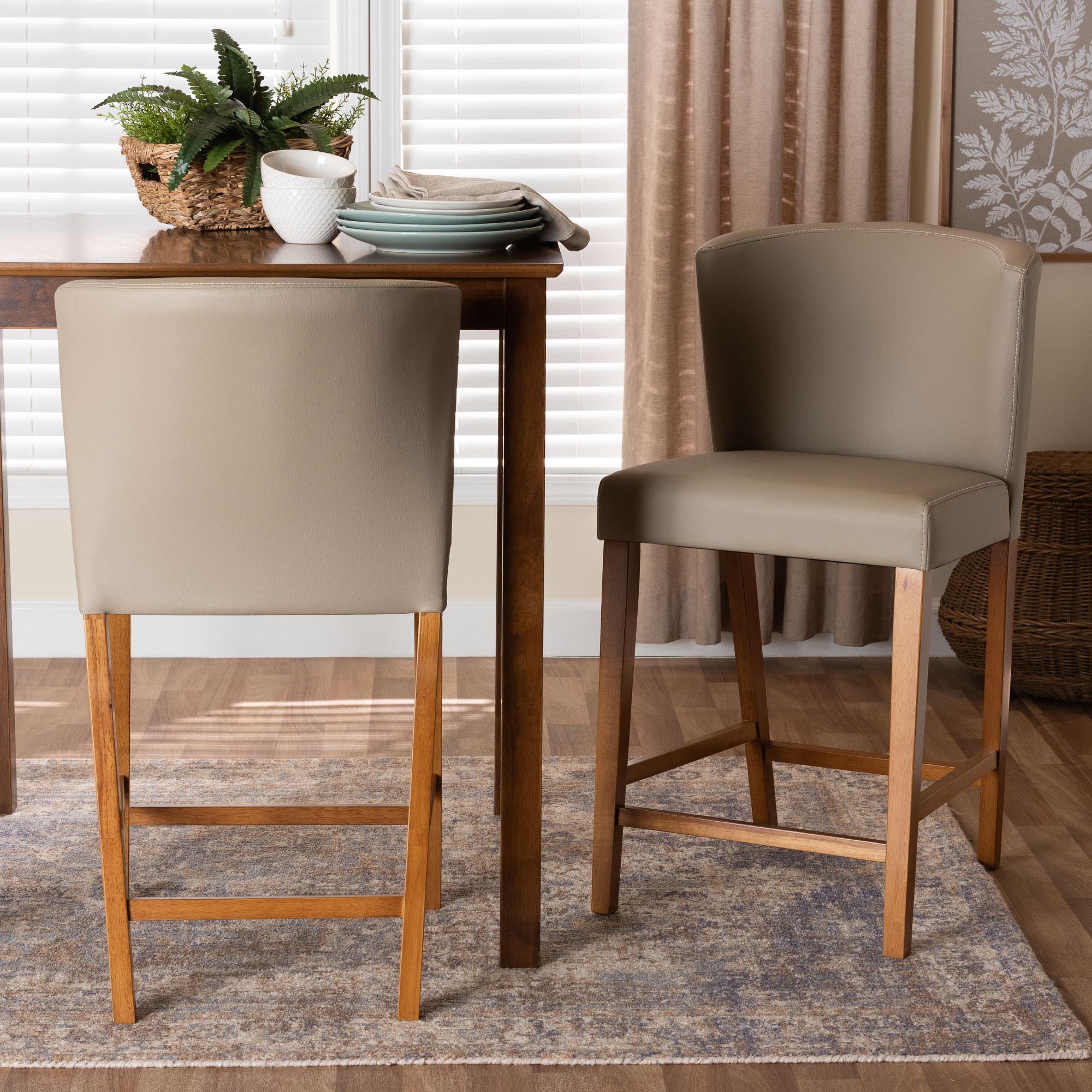 Baxton Studio Olivia Mid-century Modern Scandinavian Style Dark Walnut Wood Grey Faux Leather Pub Stool