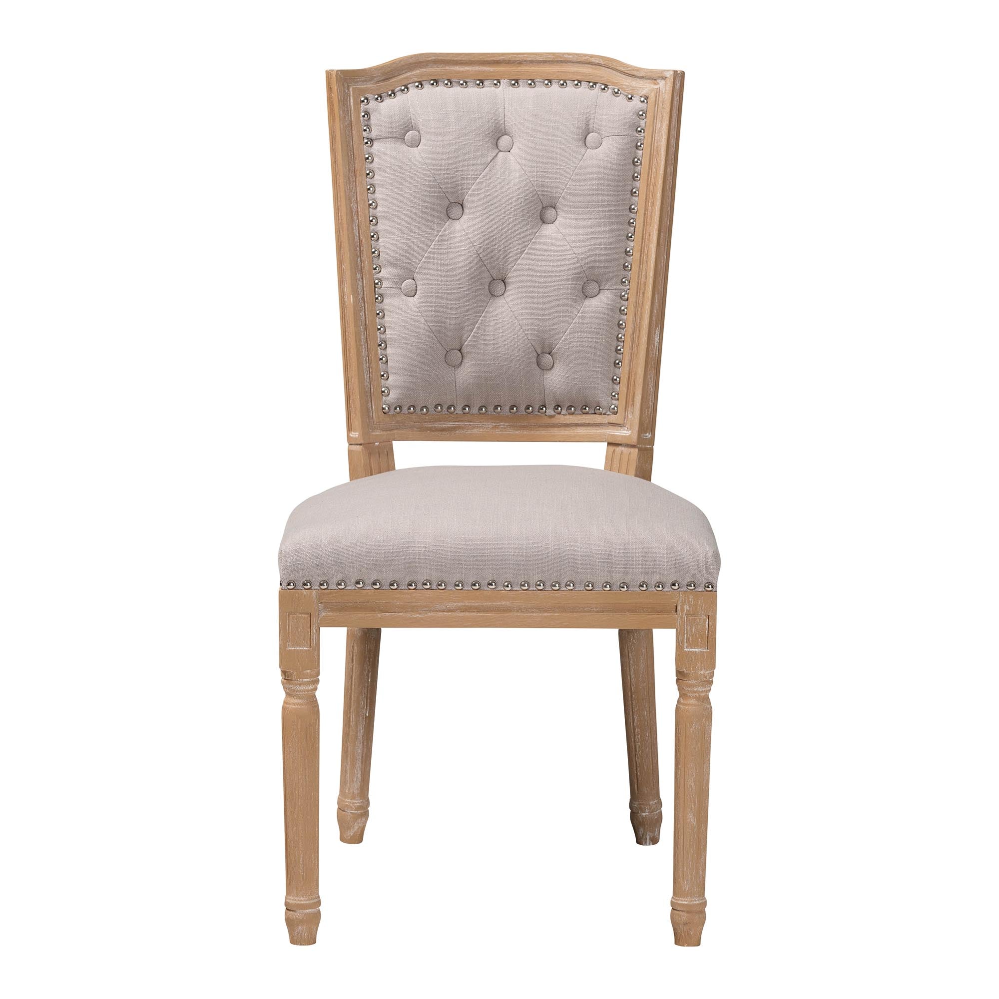 Baxton Studio Estelle  Chic Rustic French Country Cottage Weathered Oak Beige Fabric Button-tufted Upholstered Dining Chair
