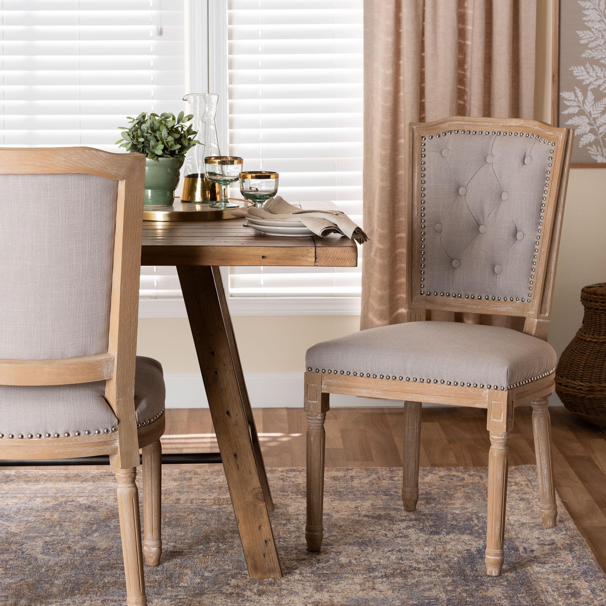 Baxton Studio Estelle  Chic Rustic French Country Cottage Weathered Oak Beige Fabric Button-tufted Upholstered Dining Chair