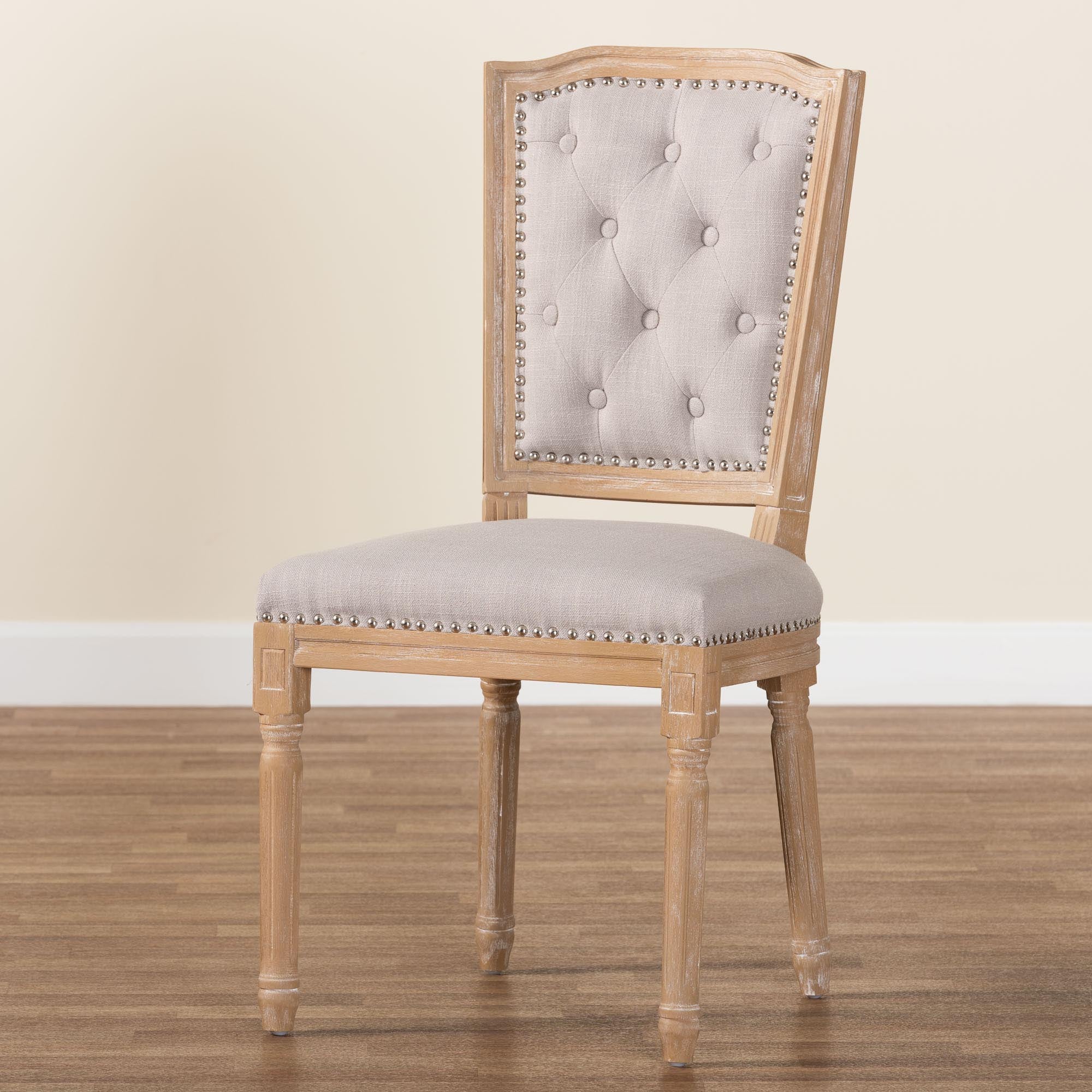 Baxton Studio Estelle  Chic Rustic French Country Cottage Weathered Oak Beige Fabric Button-tufted Upholstered Dining Chair