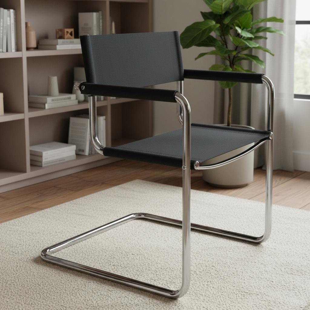 23" Silver And Black Genuine Leather and Stainless Steel Arm Chair
