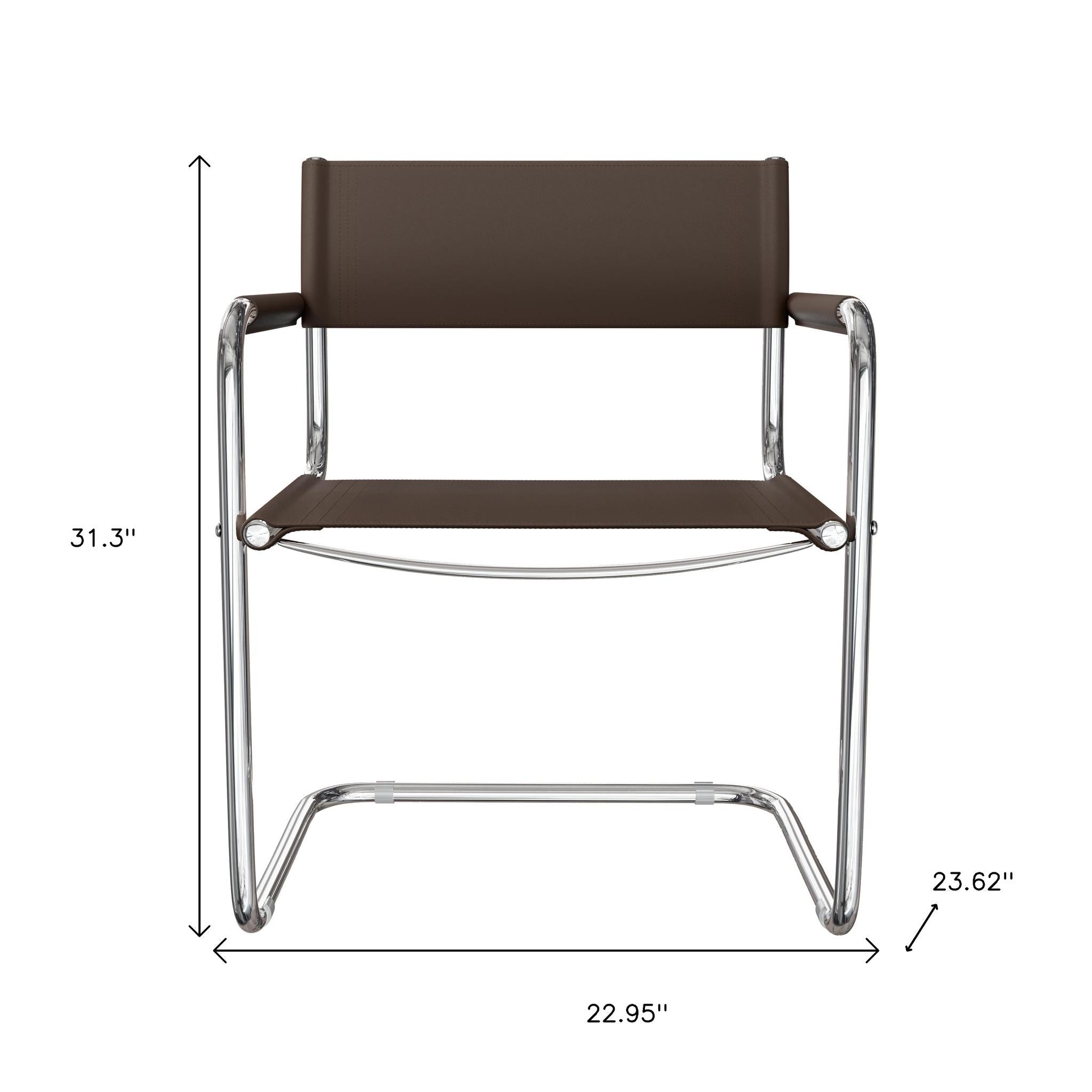 23" Chocolate and Silver Leather and Stainless Steel Arm Chair