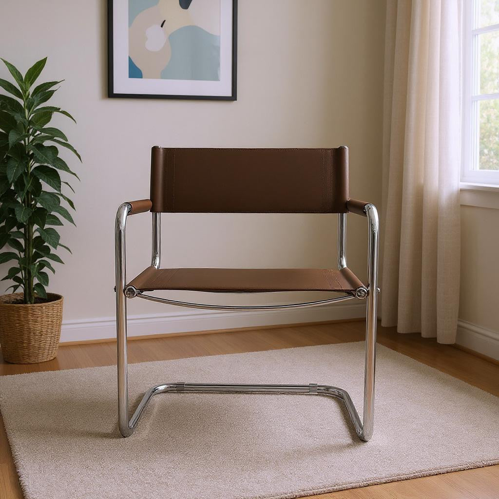 23" Chocolate and Silver Leather and Stainless Steel Arm Chair
