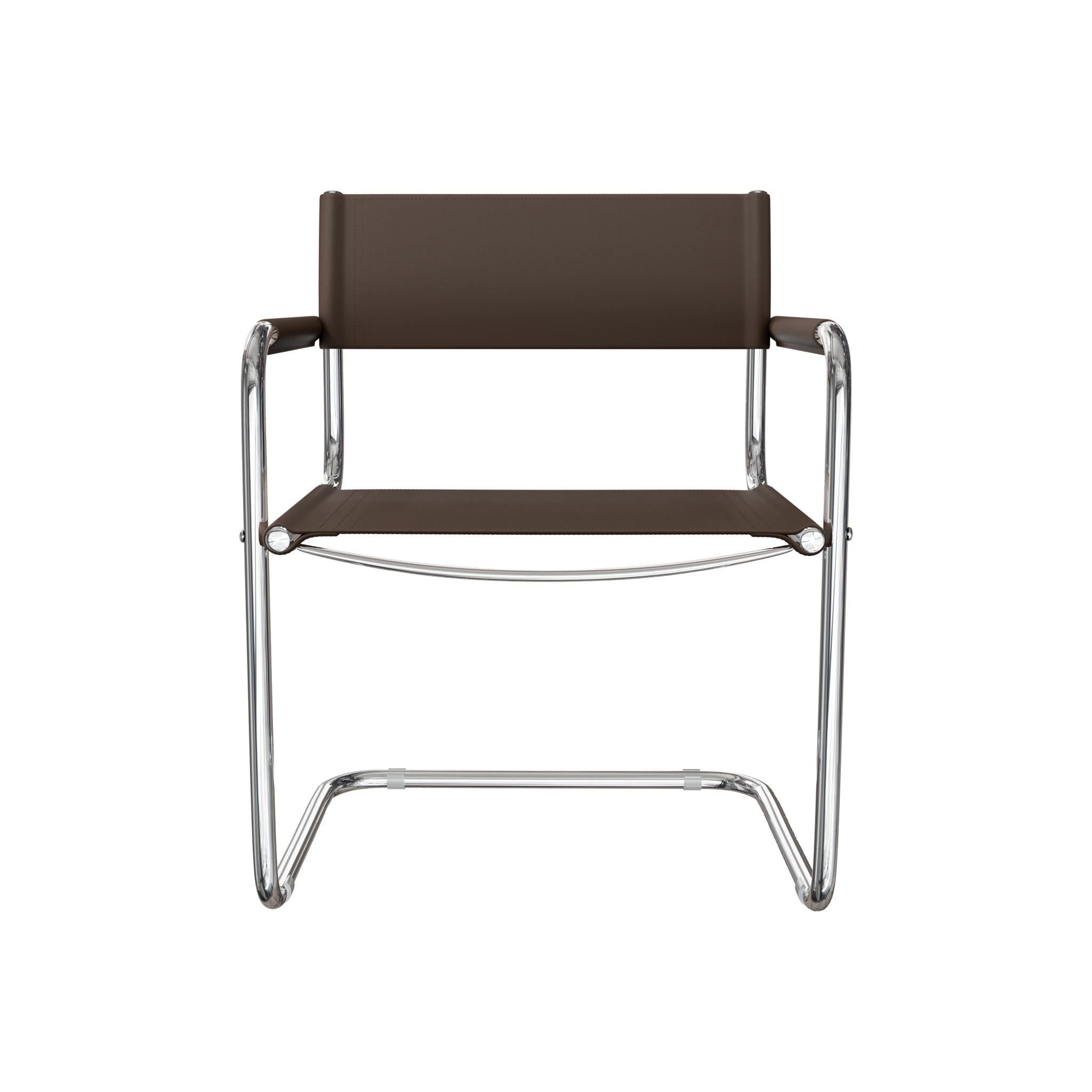 23" Chocolate and Silver Leather and Stainless Steel Arm Chair