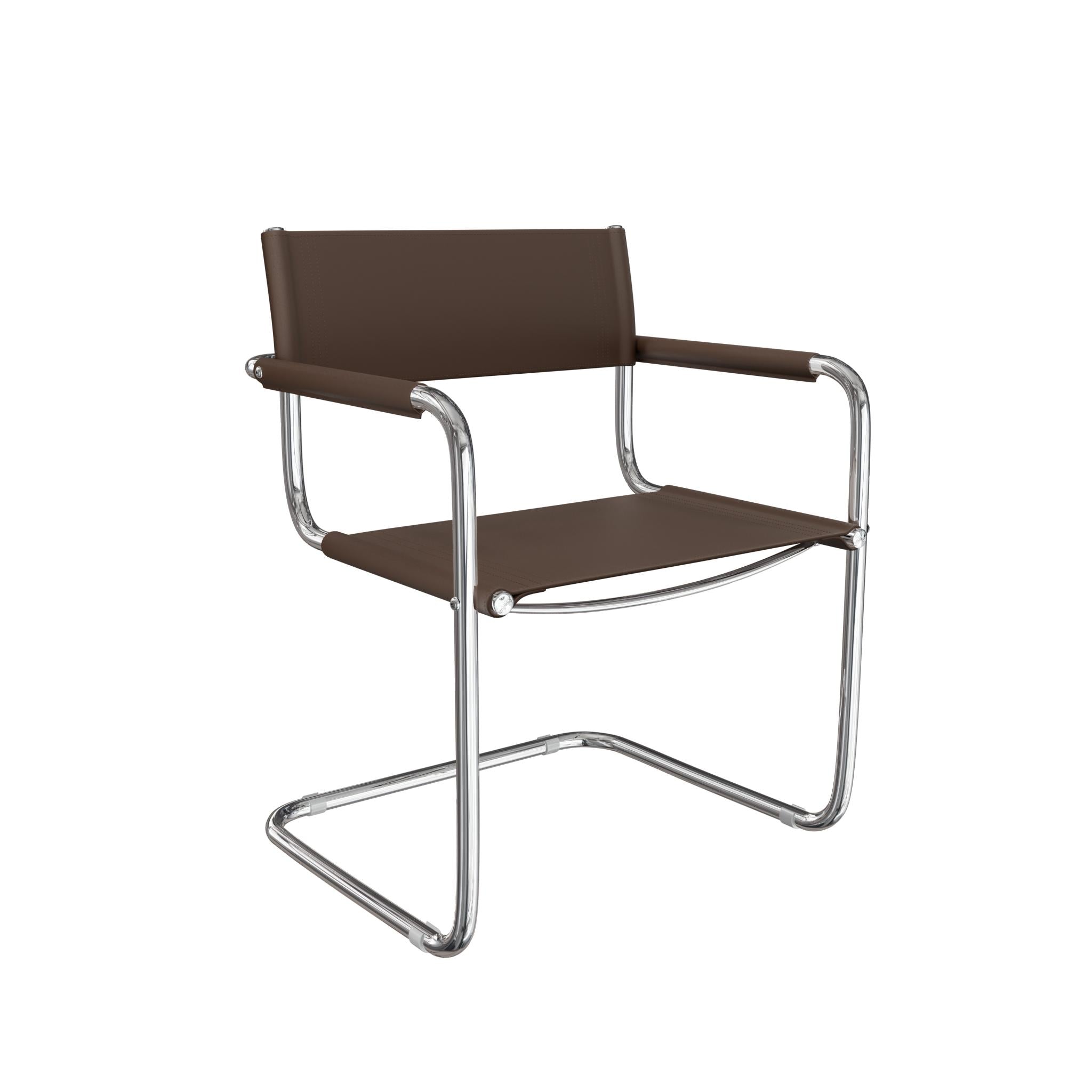 23" Chocolate and Silver Leather and Stainless Steel Arm Chair