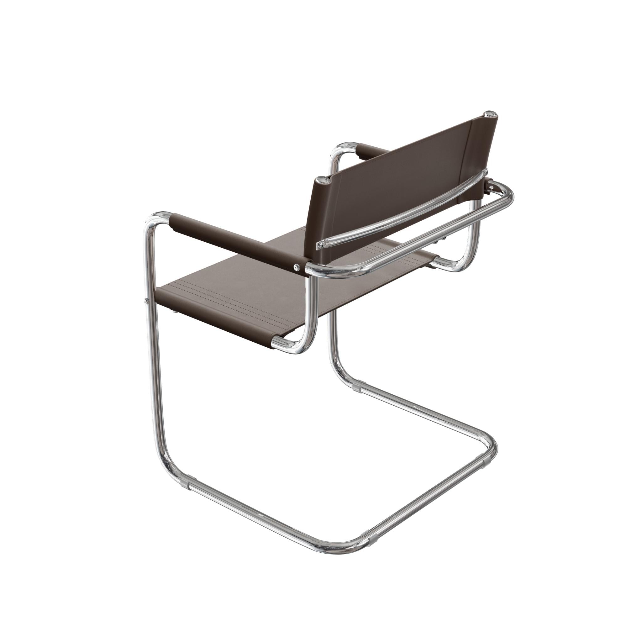 23" Chocolate and Silver Leather and Stainless Steel Arm Chair