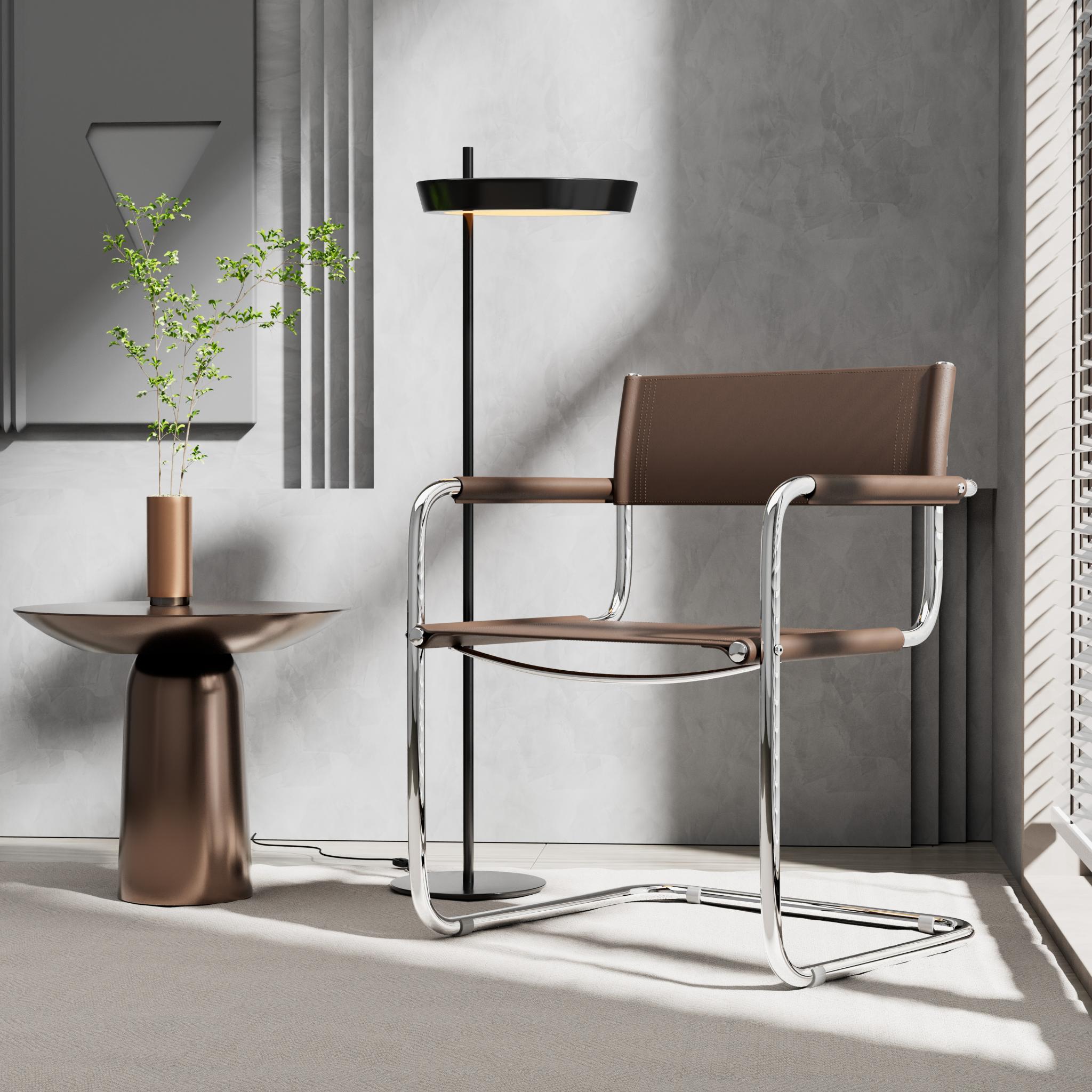 23" Chocolate and Silver Leather and Stainless Steel Arm Chair