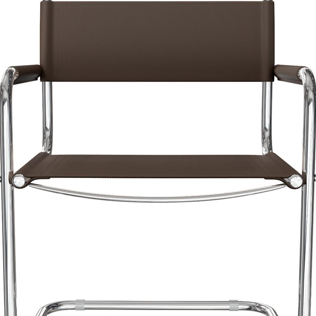 23" Chocolate and Silver Leather and Stainless Steel Arm Chair