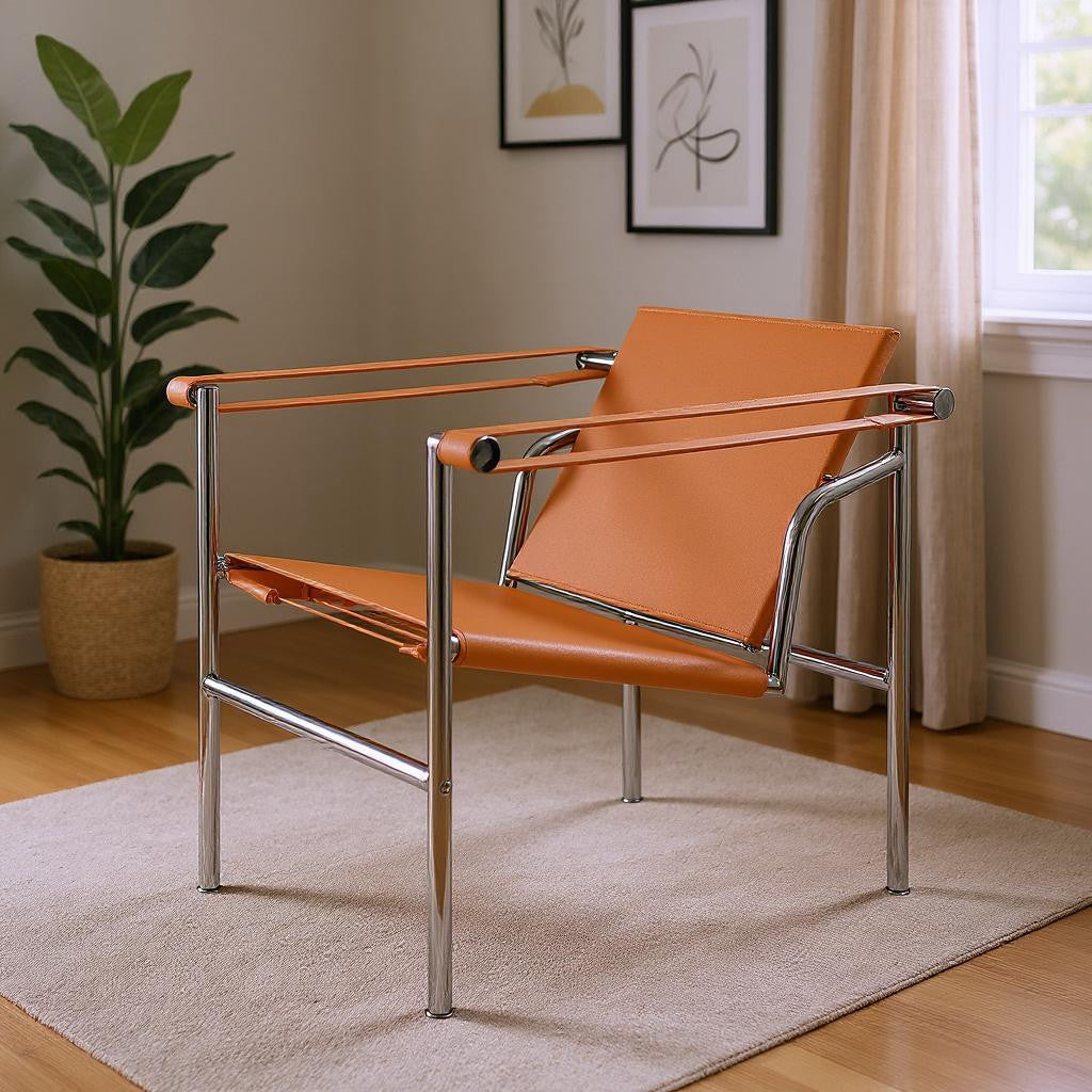 24" Terra Cotta and Silver Faux Leather and Stainless Adjustable Back Arm Chair