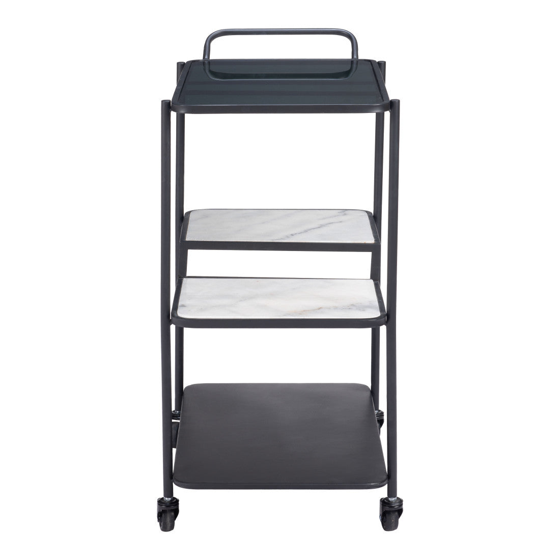 25" Black Steel and Faux Marble Glass Rolling Bar Cart