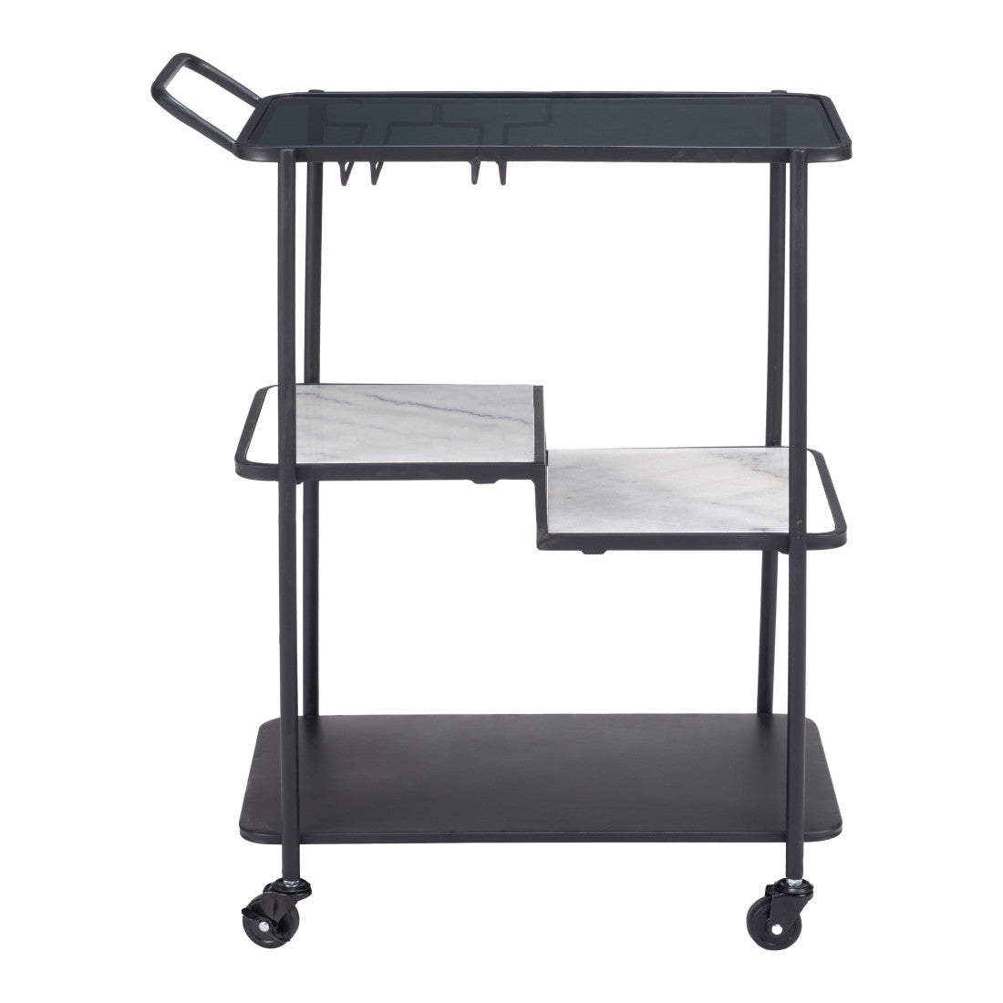 25" Black Steel and Faux Marble Glass Rolling Bar Cart