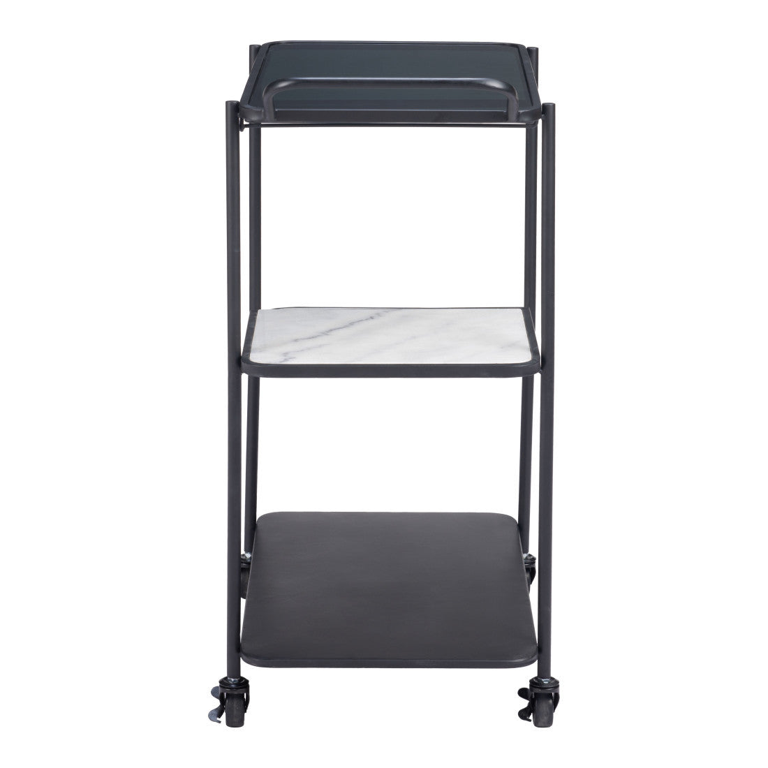 25" Black Steel and Faux Marble Glass Rolling Bar Cart
