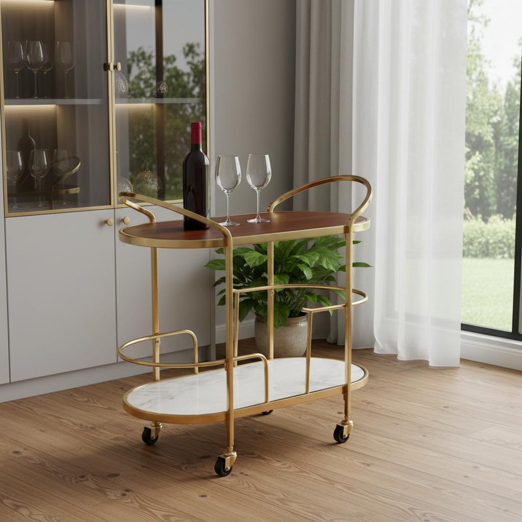 32" Brown Gold And White Iron Solid Wood and Marble Oval Rolling Bar Cart