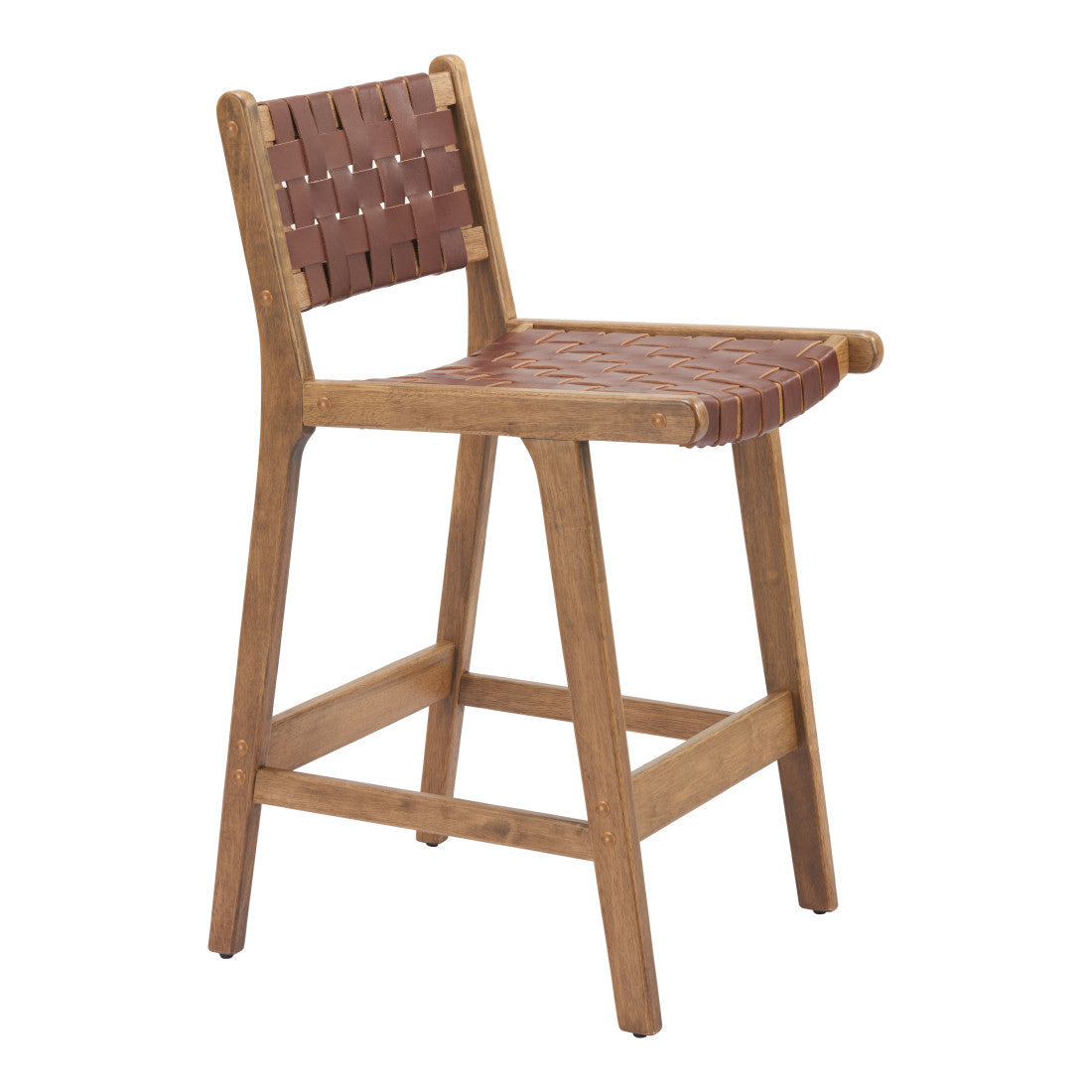 Set of Two 26" Brown Leather and Solid Wood Low Back Counter Height Bar Chairs