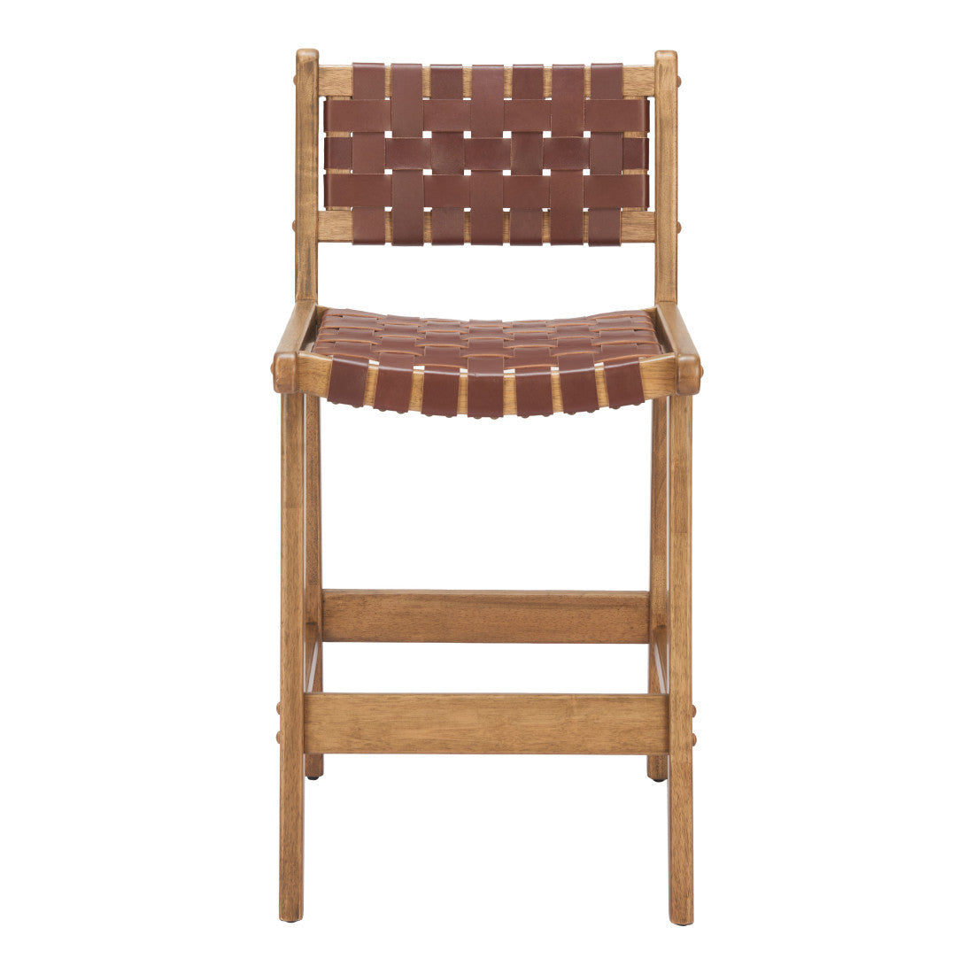 Set of Two 26" Brown Leather and Solid Wood Low Back Counter Height Bar Chairs