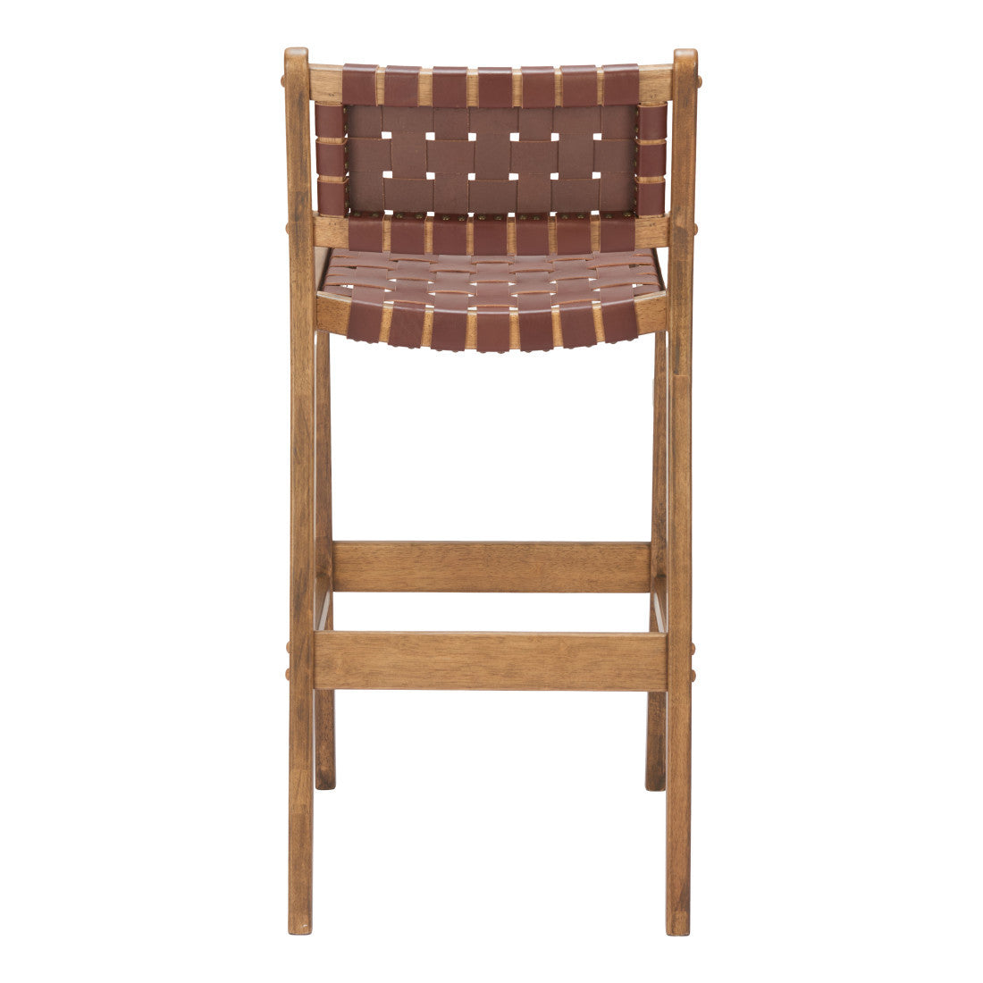 Set of Two 29" Brown Leather and Solid Wood Low Back Bar Height Bar Chairs