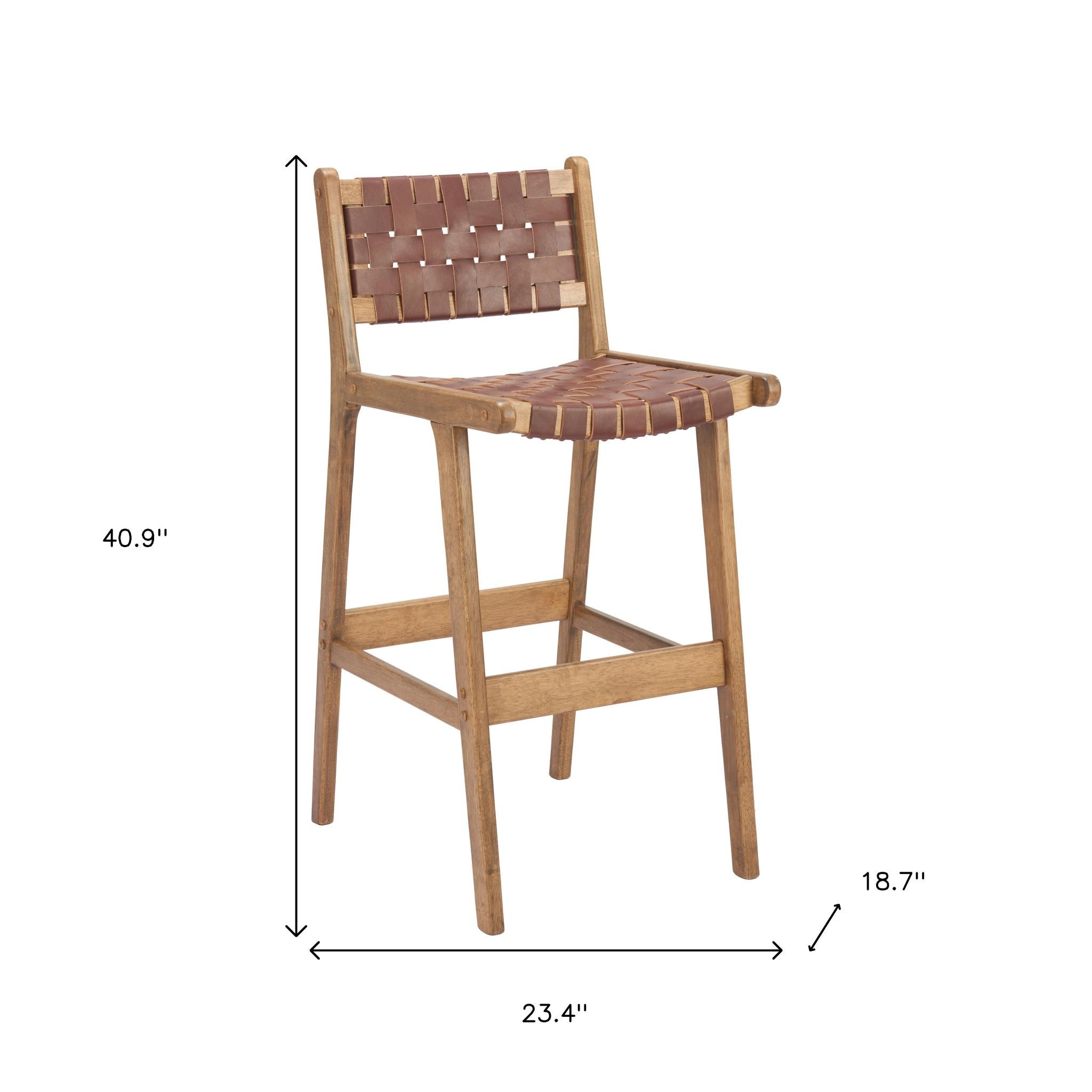 Set of Two 29" Brown Leather and Solid Wood Low Back Bar Height Bar Chairs