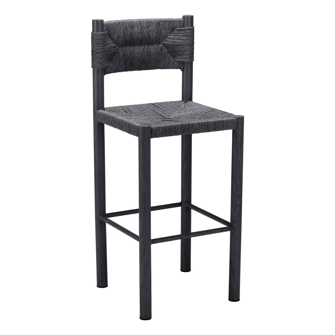 Set of Two 30" Black Rattan and Aluminum Low Back Bar Height Bar Chairs