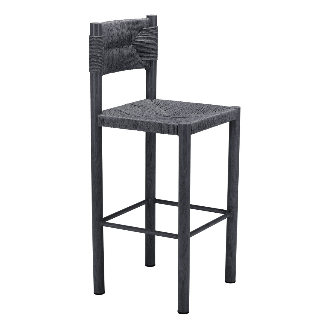 Set of Two 30" Black Rattan and Aluminum Low Back Bar Height Bar Chairs