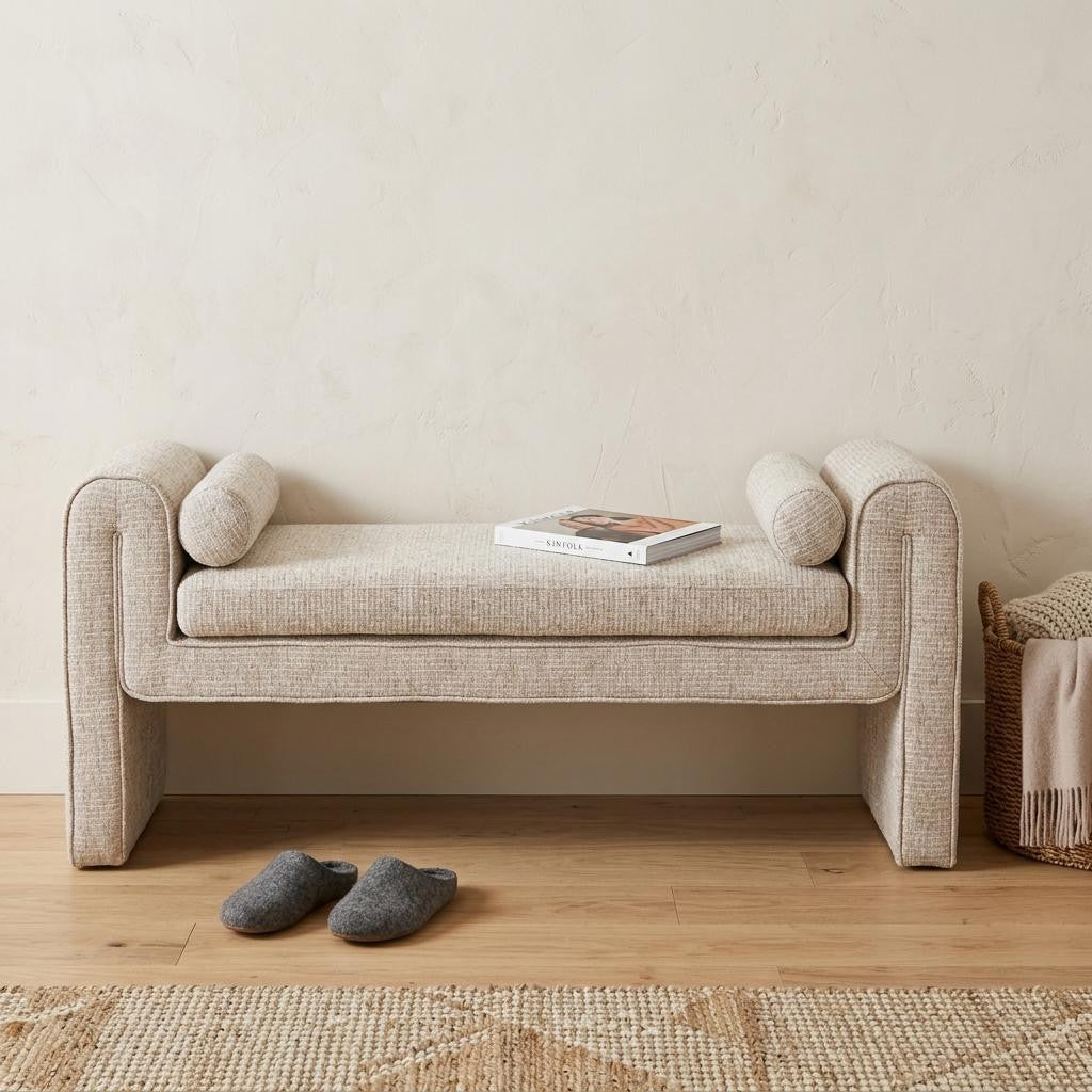 60" Beige Fabric and Solid Wood Upholstered Bench